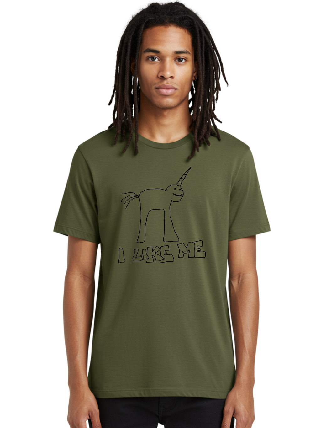 I-Like-Me Men'S Graphic Tee, 100% Cotton, Comfortable Casual Summer Wear, Machine Washable, Stick Figure Unicorn, Smiling Face, Self-Love, Positivity, Quirky Art, Whimsical Design, Cartoon Character, Illustration, I Like Me Text -  Aaa066