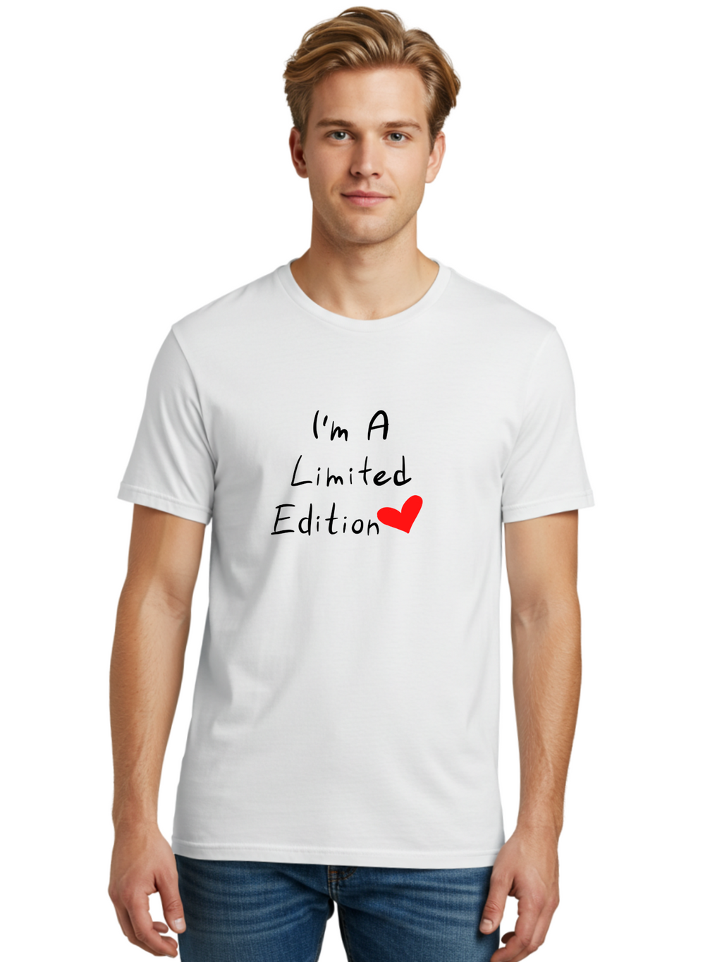 I-M-A-Limited-Edition Men'S Graphic Tee, 100% Cotton, Comfortable Casual Summer Wear, Machine Washable, Limited Edition, Unique, Exclusive, Special, One Of A Kind, Collectible, Red Heart, Handwritten Text, Bold Statement, Quirky Design -  Aaa069
