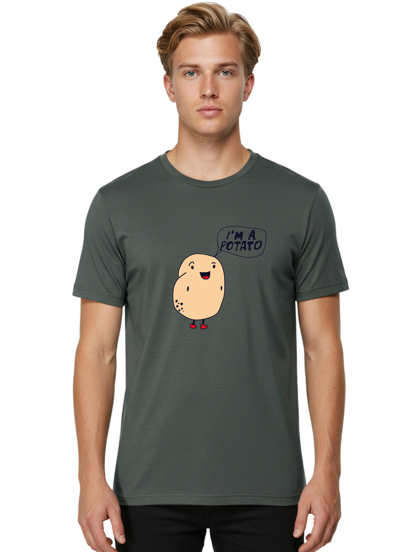 I-M-A-Potato Men'S Graphic Tee, 100% Cotton, Comfortable Casual Summer Wear, Machine Washable, I'M A Potato, Cartoon Potato, Smiling Potato, Speech Bubble, Humorous Character, Cute Illustration, Funny Graphic, Playful Design, -  Aaa070