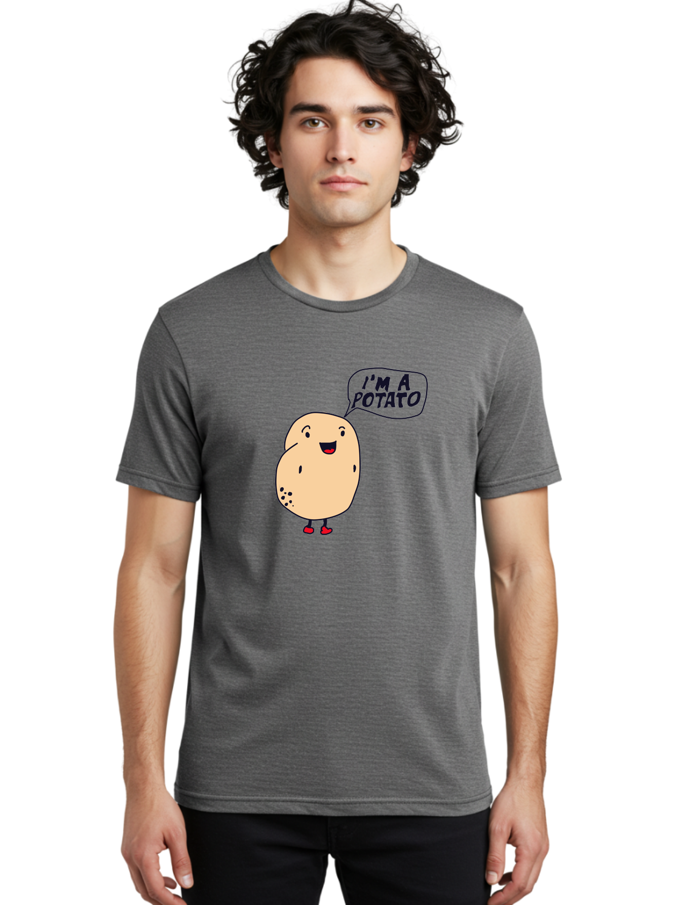 I-M-A-Potato Men'S Graphic Tee, 100% Cotton, Comfortable Casual Summer Wear, Machine Washable, I'M A Potato, Cartoon Potato, Smiling Potato, Speech Bubble, Humorous Character, Cute Illustration, Funny Graphic, Playful Design, -  Aaa070