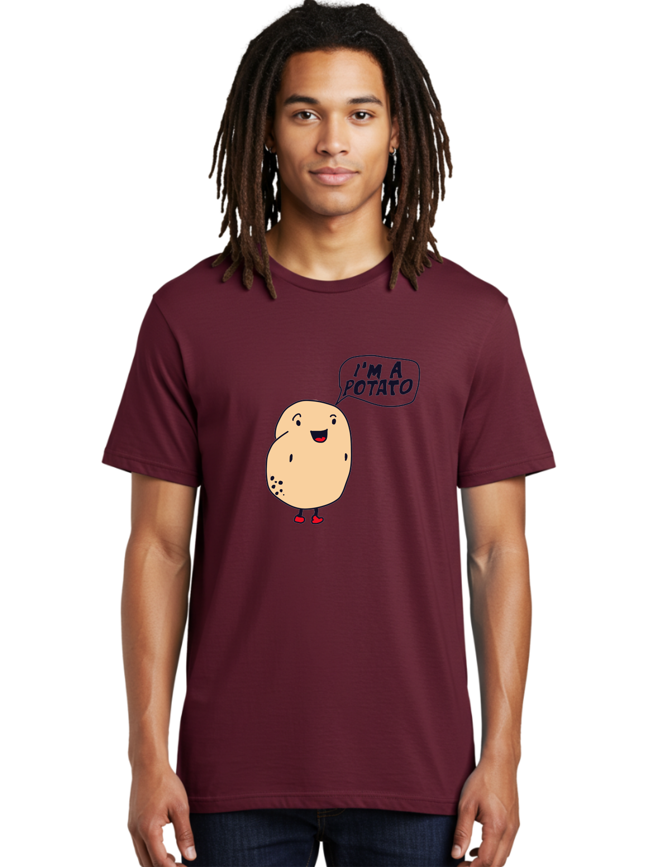 I-M-A-Potato Men'S Graphic Tee, 100% Cotton, Comfortable Casual Summer Wear, Machine Washable, I'M A Potato, Cartoon Potato, Smiling Potato, Speech Bubble, Humorous Character, Cute Illustration, Funny Graphic, Playful Design, -  Aaa070