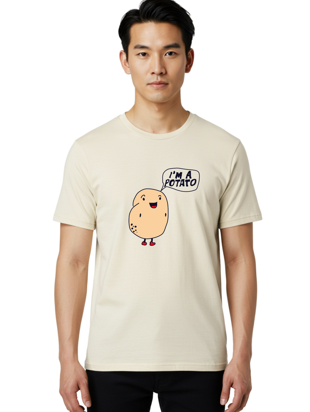 I-M-A-Potato Men'S Graphic Tee, 100% Cotton, Comfortable Casual Summer Wear, Machine Washable, I'M A Potato, Cartoon Potato, Smiling Potato, Speech Bubble, Humorous Character, Cute Illustration, Funny Graphic, Playful Design, -  Aaa070