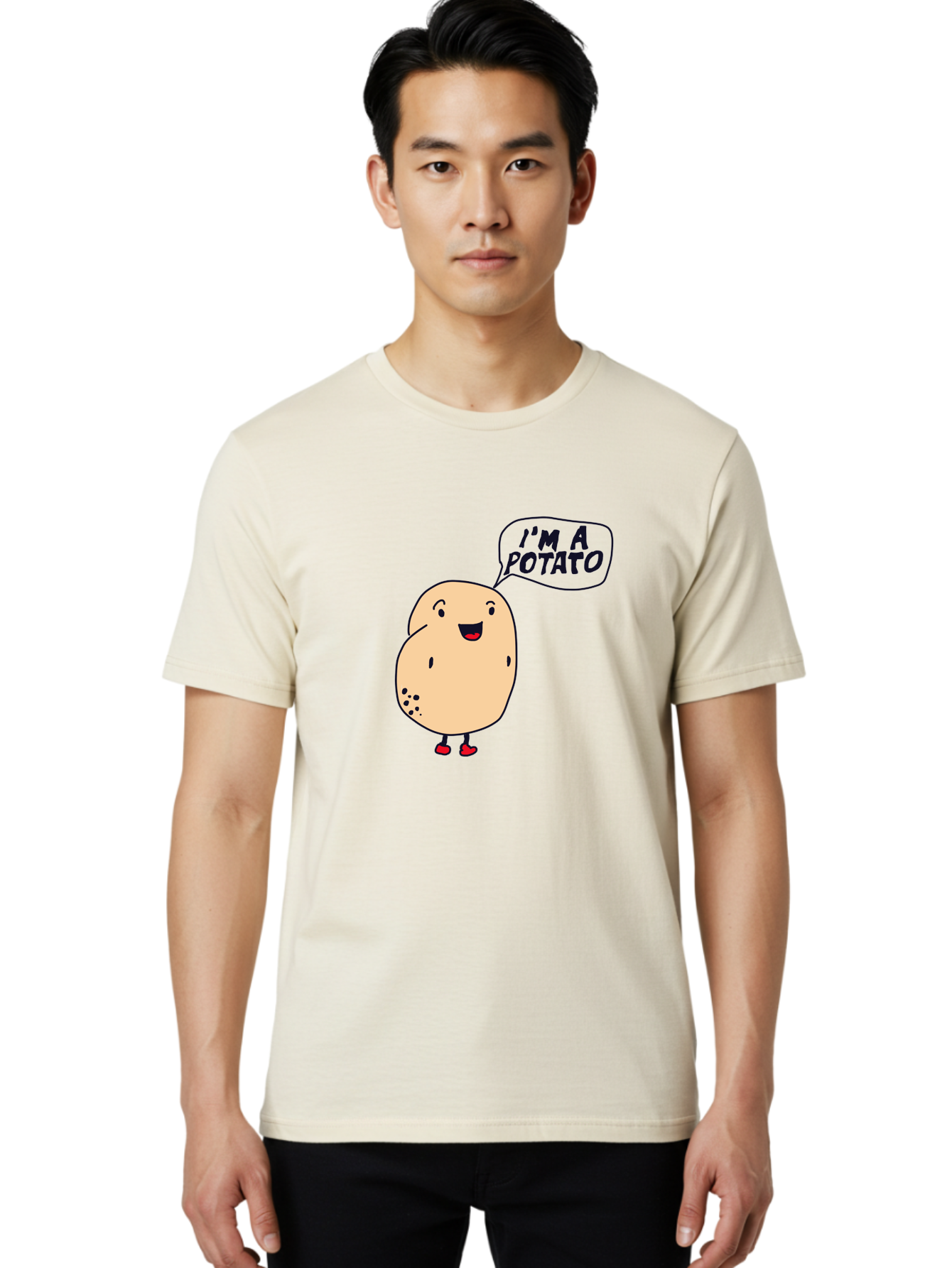 I-M-A-Potato Men'S Graphic Tee, 100% Cotton, Comfortable Casual Summer Wear, Machine Washable, I'M A Potato, Cartoon Potato, Smiling Potato, Speech Bubble, Humorous Character, Cute Illustration, Funny Graphic, Playful Design, -  Aaa070