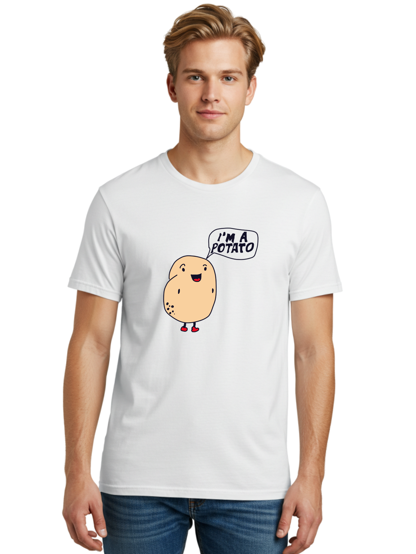 I-M-A-Potato Men'S Graphic Tee, 100% Cotton, Comfortable Casual Summer Wear, Machine Washable, I'M A Potato, Cartoon Potato, Smiling Potato, Speech Bubble, Humorous Character, Cute Illustration, Funny Graphic, Playful Design, -  Aaa070