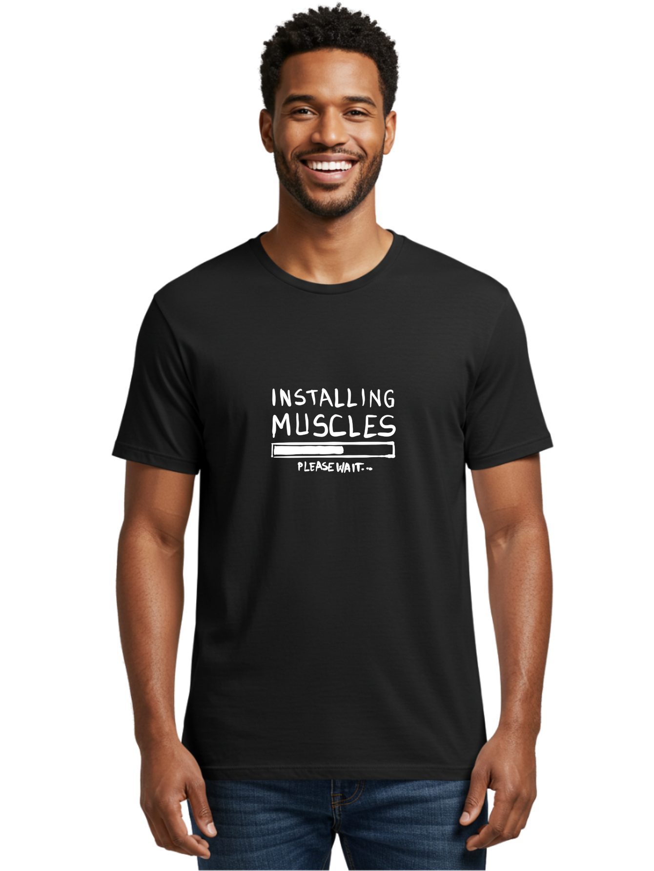 Installing-Muscles Men'S Graphic Tee, 100% Cotton, Comfortable Casual Summer Wear, Machine Washable, Installing Muscles, Gym Humor, Fitness Motivation, Progress Bar, Workout Joke, Please Wait, Fitness Quote -  Aaa081