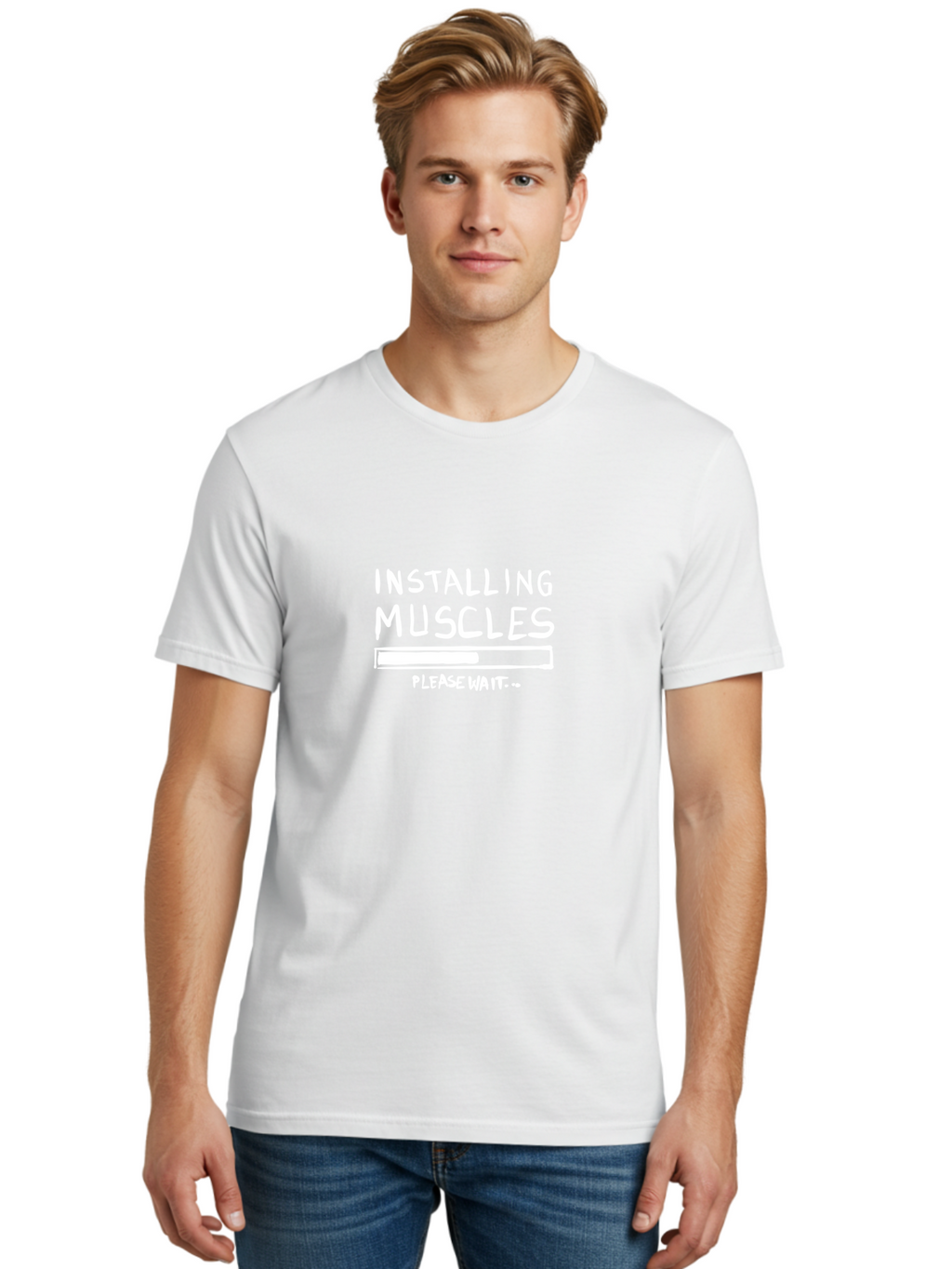 Installing-Muscles Men'S Graphic Tee, 100% Cotton, Comfortable Casual Summer Wear, Machine Washable, Installing Muscles, Gym Humor, Fitness Motivation, Progress Bar, Workout Joke, Please Wait, Fitness Quote -  Aaa081