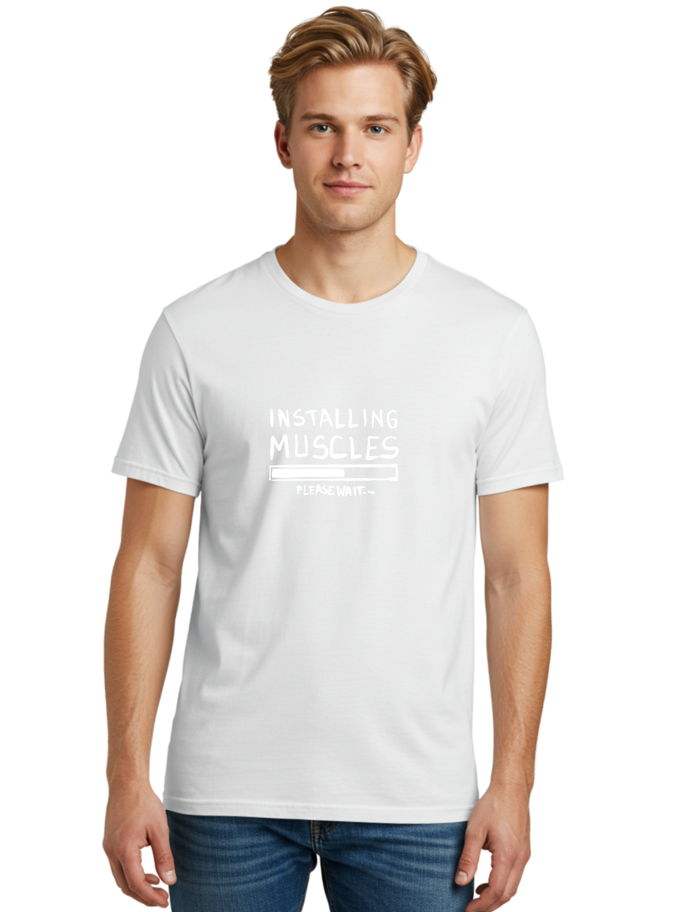 Installing-Muscles Men'S Graphic Tee, 100% Cotton, Comfortable Casual Summer Wear, Machine Washable, Installing Muscles, Gym Humor, Fitness Motivation, Progress Bar, Workout Joke, Please Wait, Fitness Quote -  Aaa081