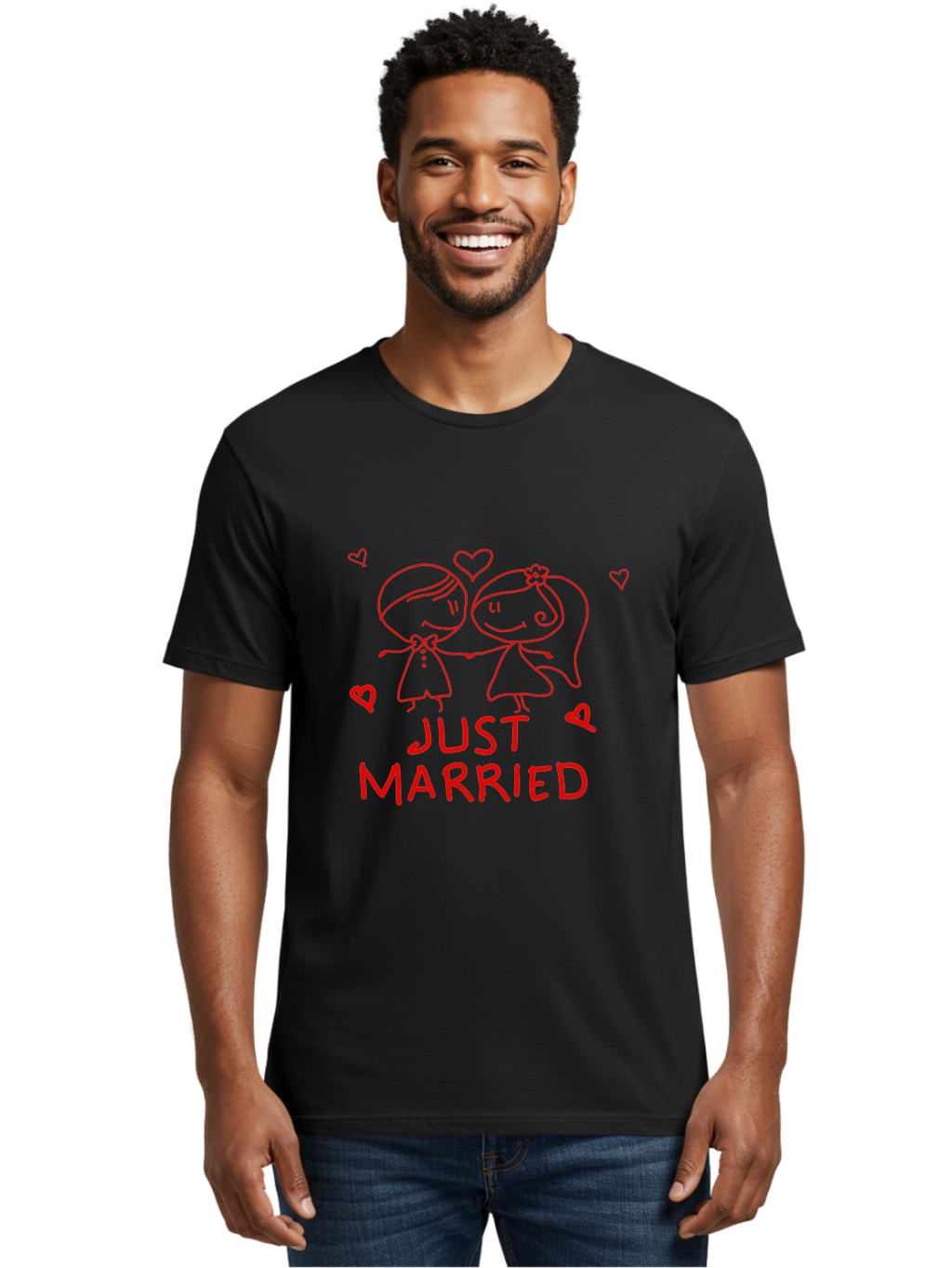 Just-Married Men'S Graphic Tee, 100% Cotton, Comfortable Casual Summer Wear, Machine Washable, Newlywed Couple, Cartoon Bride And Groom, Love Hearts, Red Text, Hand Drawn Illustration, Wedding Celebration, Sweethearts Together, Romantic Art -  Aaa084