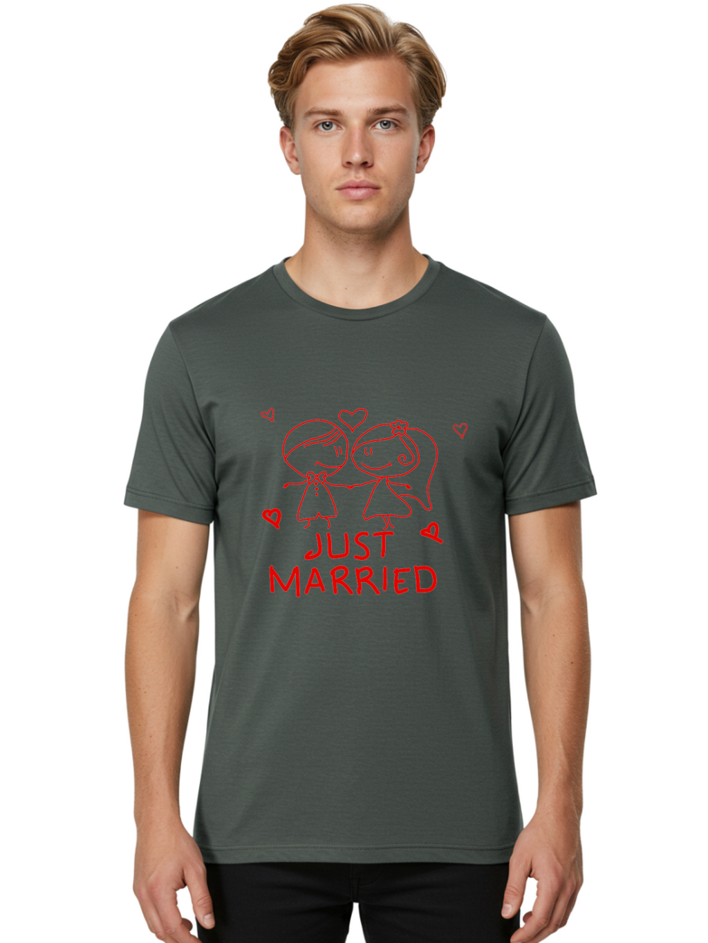 Just-Married Men'S Graphic Tee, 100% Cotton, Comfortable Casual Summer Wear, Machine Washable, Newlywed Couple, Cartoon Bride And Groom, Love Hearts, Red Text, Hand Drawn Illustration, Wedding Celebration, Sweethearts Together, Romantic Art -  Aaa084