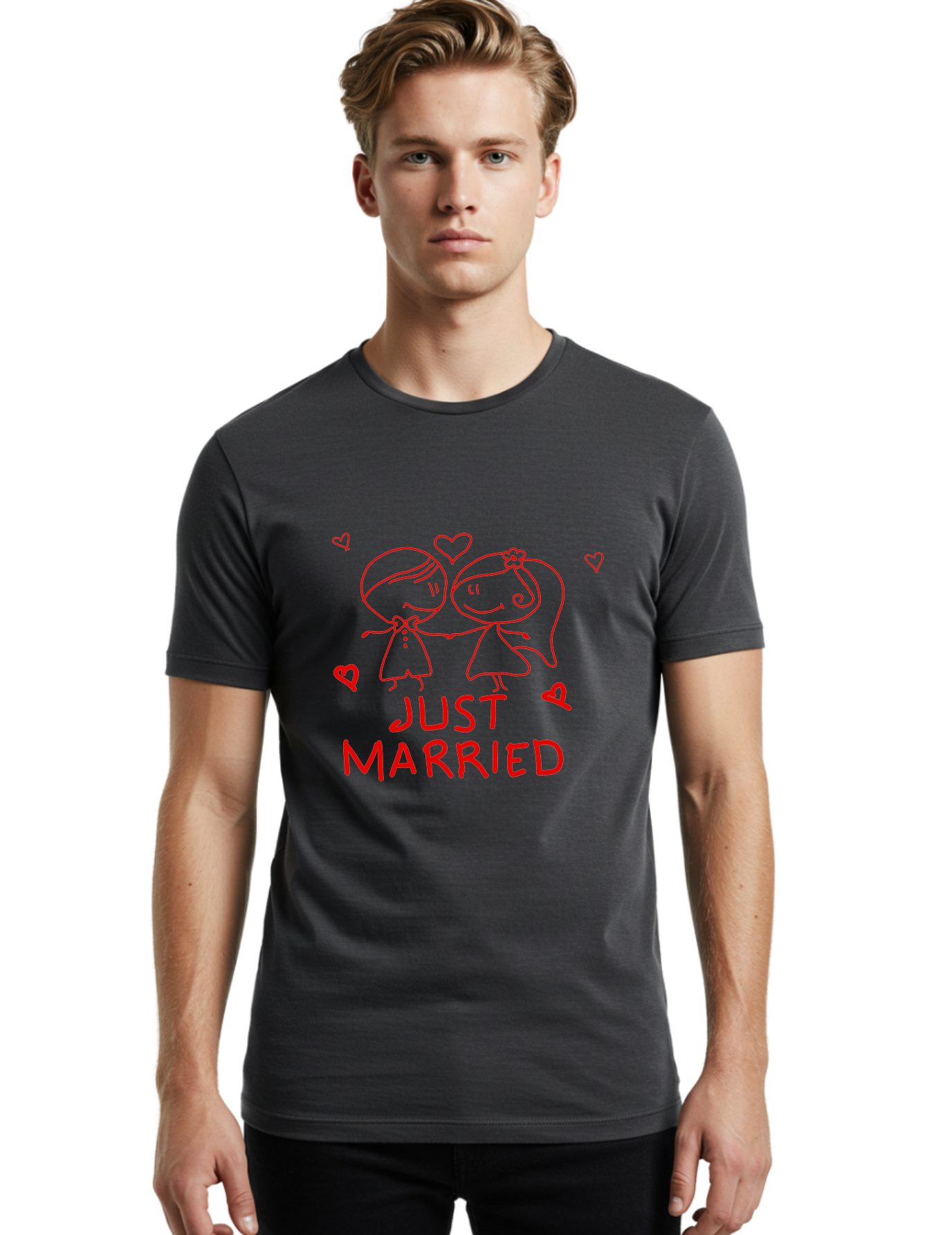 Just-Married Men'S Graphic Tee, 100% Cotton, Comfortable Casual Summer Wear, Machine Washable, Newlywed Couple, Cartoon Bride And Groom, Love Hearts, Red Text, Hand Drawn Illustration, Wedding Celebration, Sweethearts Together, Romantic Art -  Aaa084