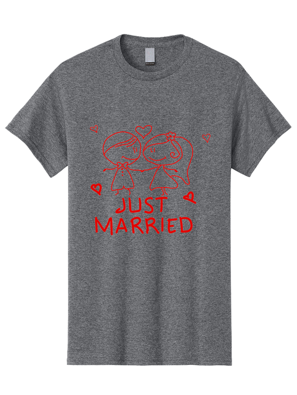Just-Married Men'S Graphic Tee, 100% Cotton, Comfortable Casual Summer Wear, Machine Washable, Newlywed Couple, Cartoon Bride And Groom, Love Hearts, Red Text, Hand Drawn Illustration, Wedding Celebration, Sweethearts Together, Romantic Art -  Aaa084
