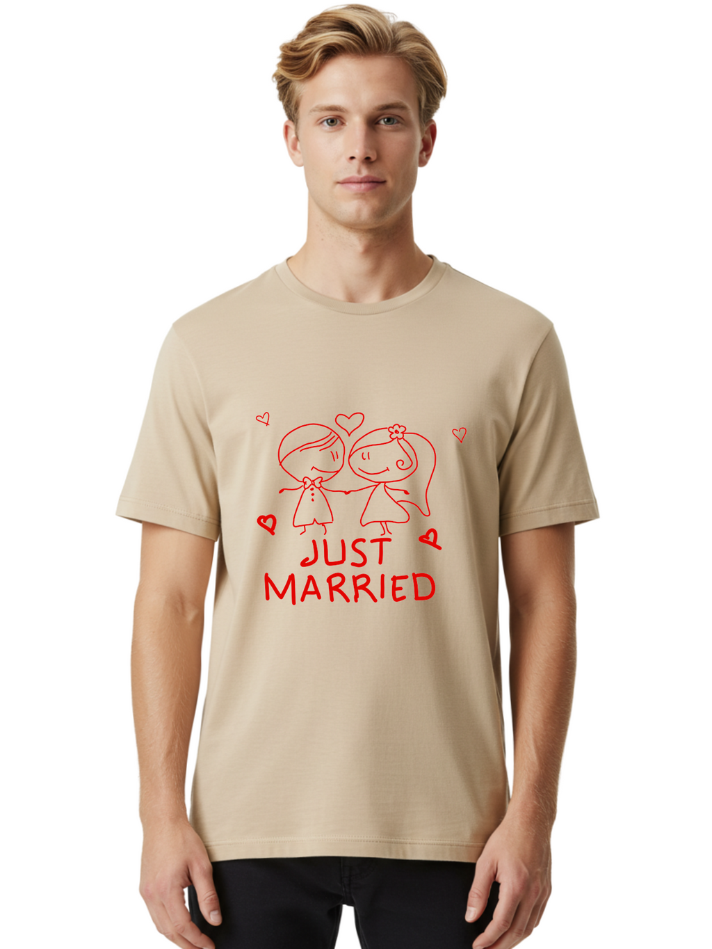 Just-Married Men'S Graphic Tee, 100% Cotton, Comfortable Casual Summer Wear, Machine Washable, Newlywed Couple, Cartoon Bride And Groom, Love Hearts, Red Text, Hand Drawn Illustration, Wedding Celebration, Sweethearts Together, Romantic Art -  Aaa084