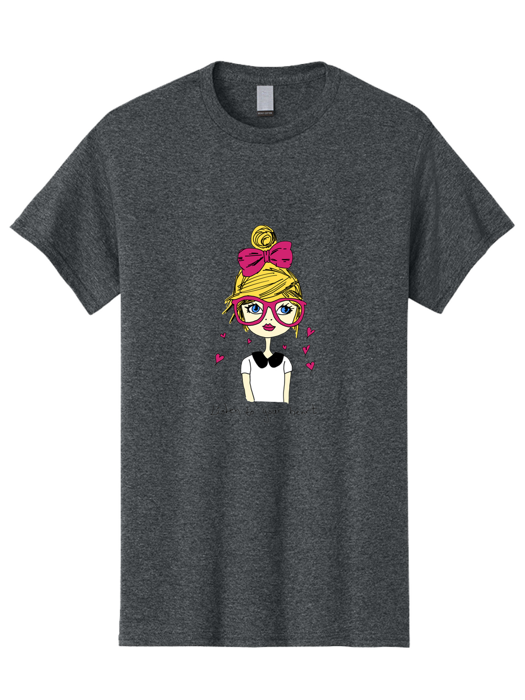 Listen-To-Your-Heart Men'S Graphic Tee, 100% Cotton, Comfortable Casual Summer Wear, Machine Washable, Girl With Pink Glasses And Bow, Blonde Hair, White Shirt, Black Collar, Pink Hearts, Inspirational Quote, Positive Vibes, -  Aaa088