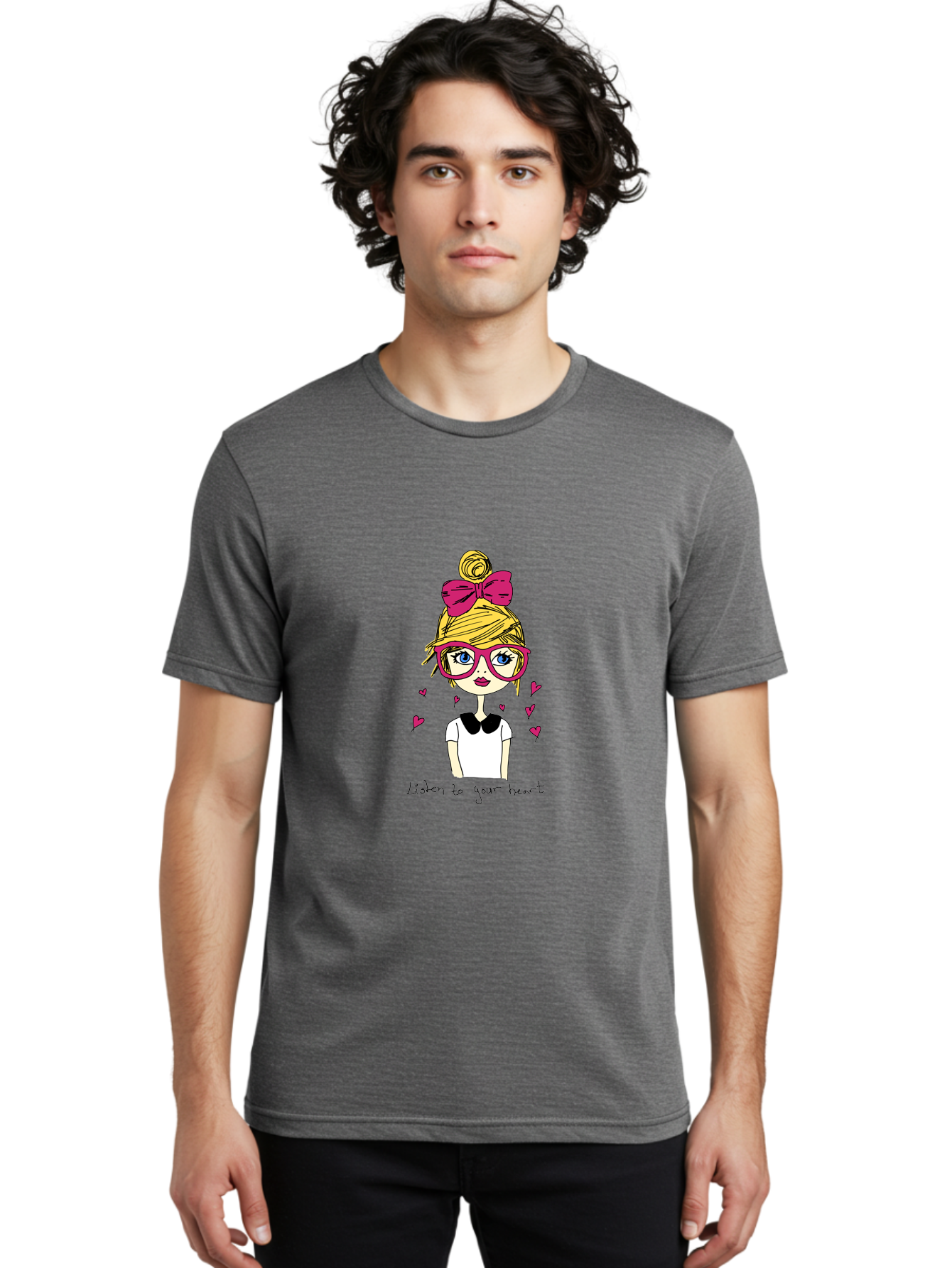 Listen-To-Your-Heart Men'S Graphic Tee, 100% Cotton, Comfortable Casual Summer Wear, Machine Washable, Girl With Pink Glasses And Bow, Blonde Hair, White Shirt, Black Collar, Pink Hearts, Inspirational Quote, Positive Vibes, -  Aaa088