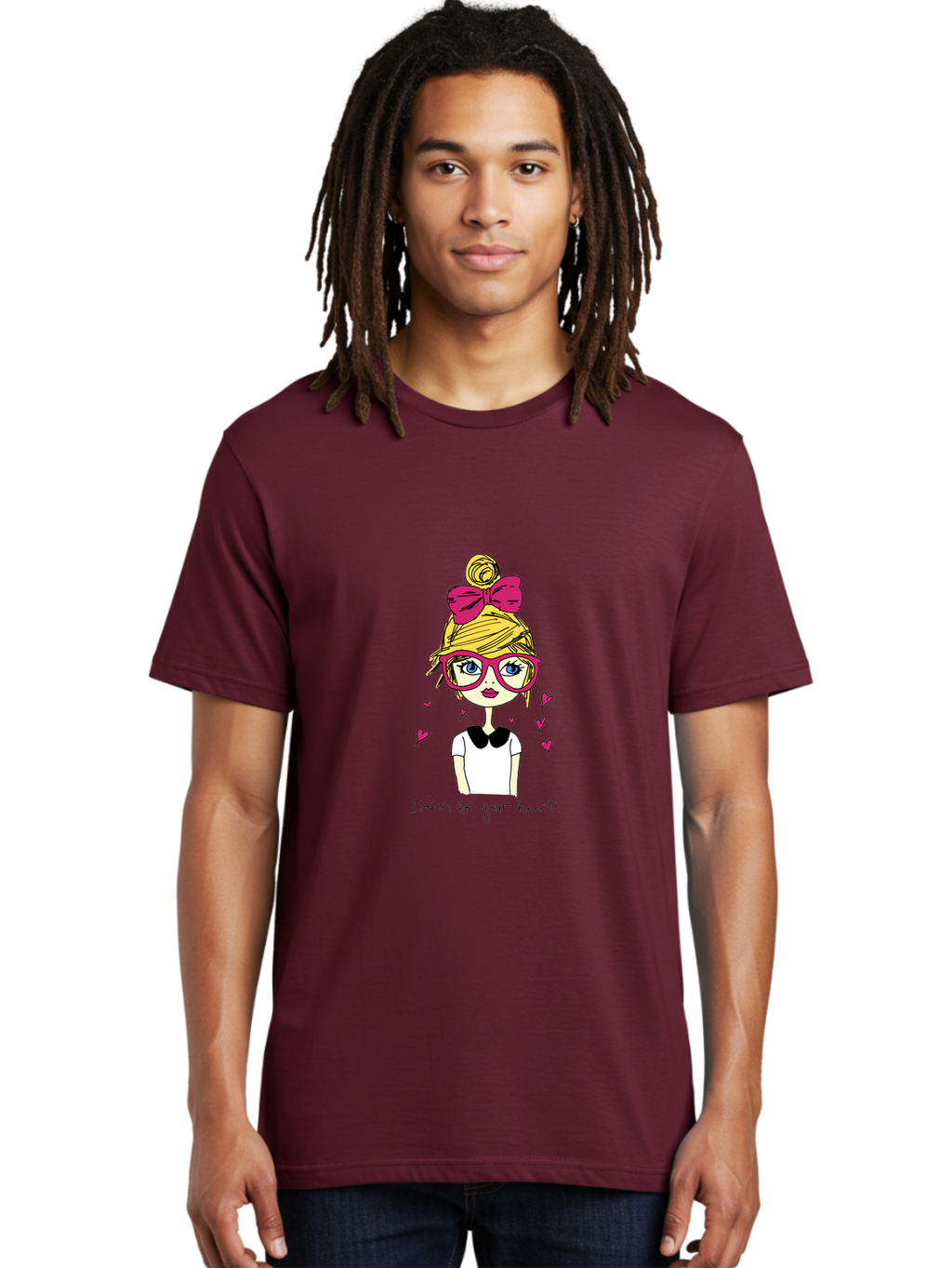 Listen-To-Your-Heart Men'S Graphic Tee, 100% Cotton, Comfortable Casual Summer Wear, Machine Washable, Girl With Pink Glasses And Bow, Blonde Hair, White Shirt, Black Collar, Pink Hearts, Inspirational Quote, Positive Vibes, -  Aaa088