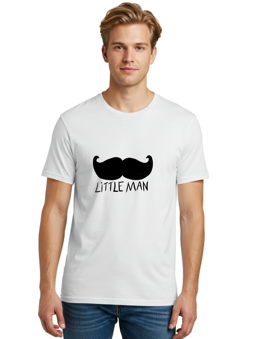 Little-Man Men'S Graphic Tee, 100% Cotton, Comfortable Casual Summer Wear, Machine Washable, Mustache Graphic, Little Man, Fashionable Mustache, Stylish Facial Hair, Masculine Logo, Bold Design, Minimalist Style -  Aaa089