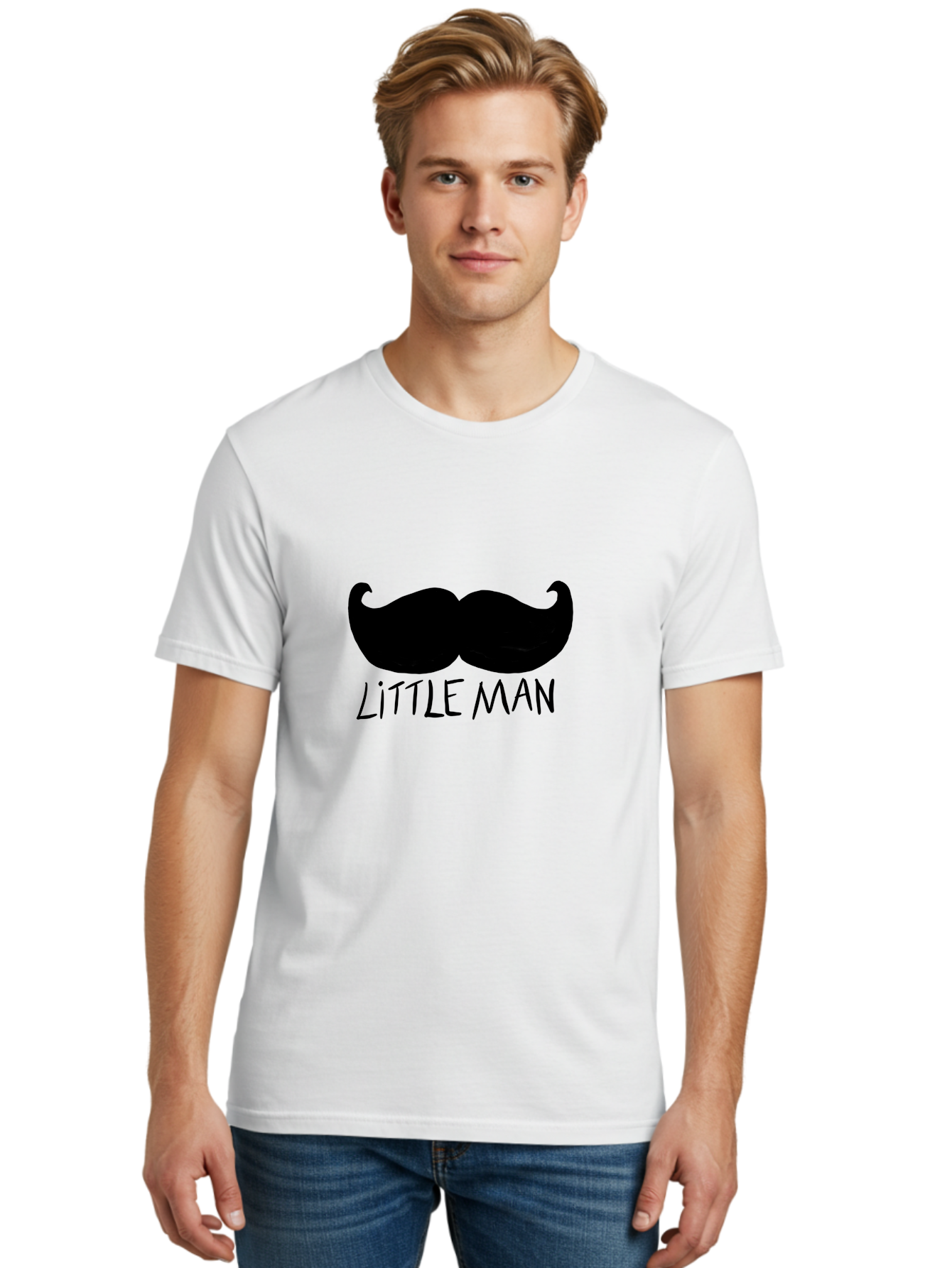 Little-Man Men'S Graphic Tee, 100% Cotton, Comfortable Casual Summer Wear, Machine Washable, Mustache Graphic, Little Man, Fashionable Mustache, Stylish Facial Hair, Masculine Logo, Bold Design, Minimalist Style -  Aaa089