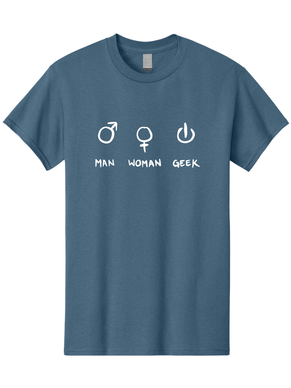 Man-Woman-Geek Men'S Graphic Tee, 100% Cotton, Comfortable Casual Summer Wear, Machine Washable, Gender Symbols, Male And Female Icons, Geek Culture, Tech Symbols, Power Button, Simple Graphics, Minimalist Design, Symbolic Representation, -  Aaa092