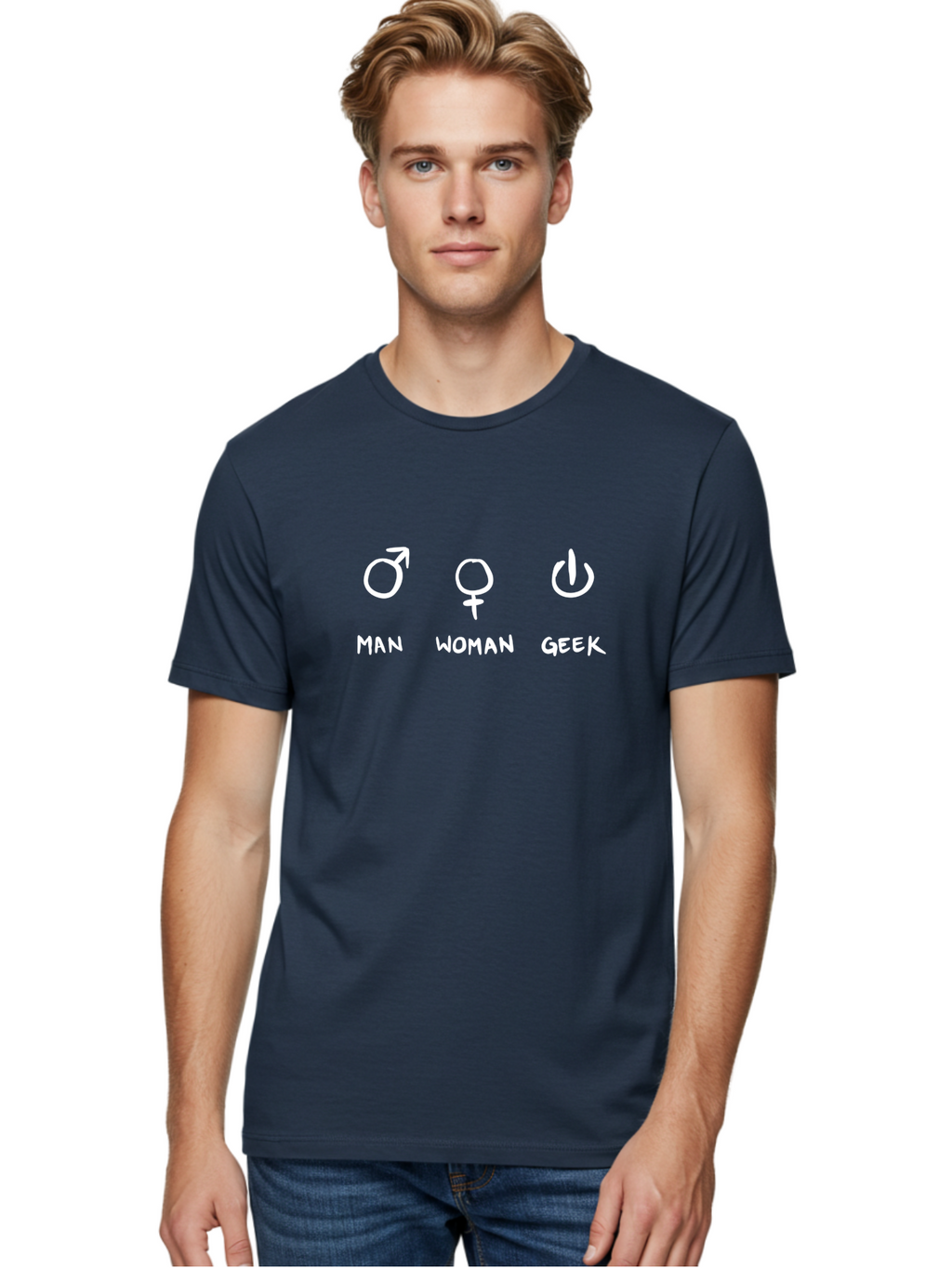 Man-Woman-Geek Men'S Graphic Tee, 100% Cotton, Comfortable Casual Summer Wear, Machine Washable, Gender Symbols, Male And Female Icons, Geek Culture, Tech Symbols, Power Button, Simple Graphics, Minimalist Design, Symbolic Representation, -  Aaa092