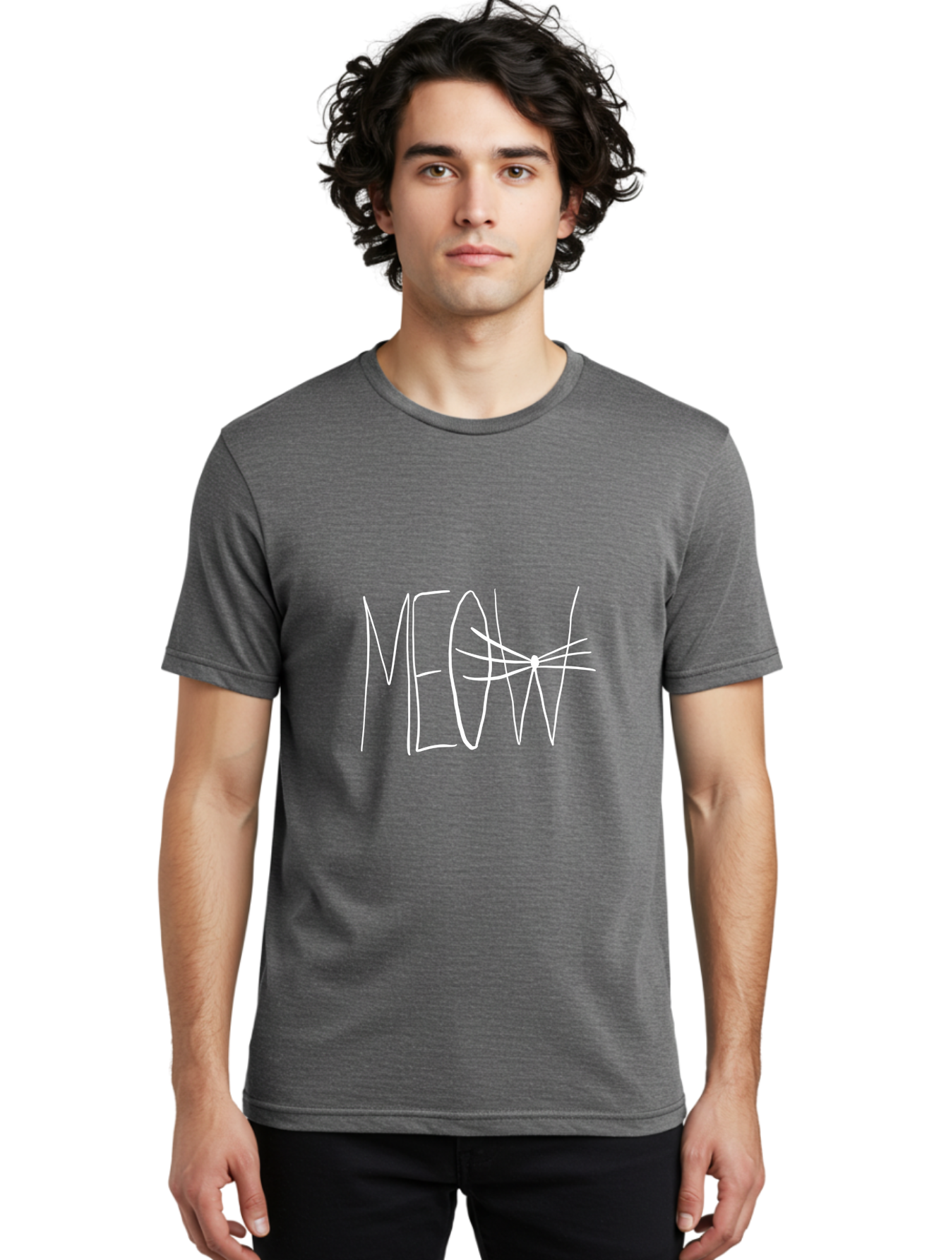 Meow Men'S Graphic Tee, 100% Cotton, Comfortable Casual Summer Wear, Machine Washable, Handwritten Cat Sound, Whimsical Font, Feline Theme, Meow Text, Playful Design, Cat Lovers, Cute Typography, White On Green -  Aaa095