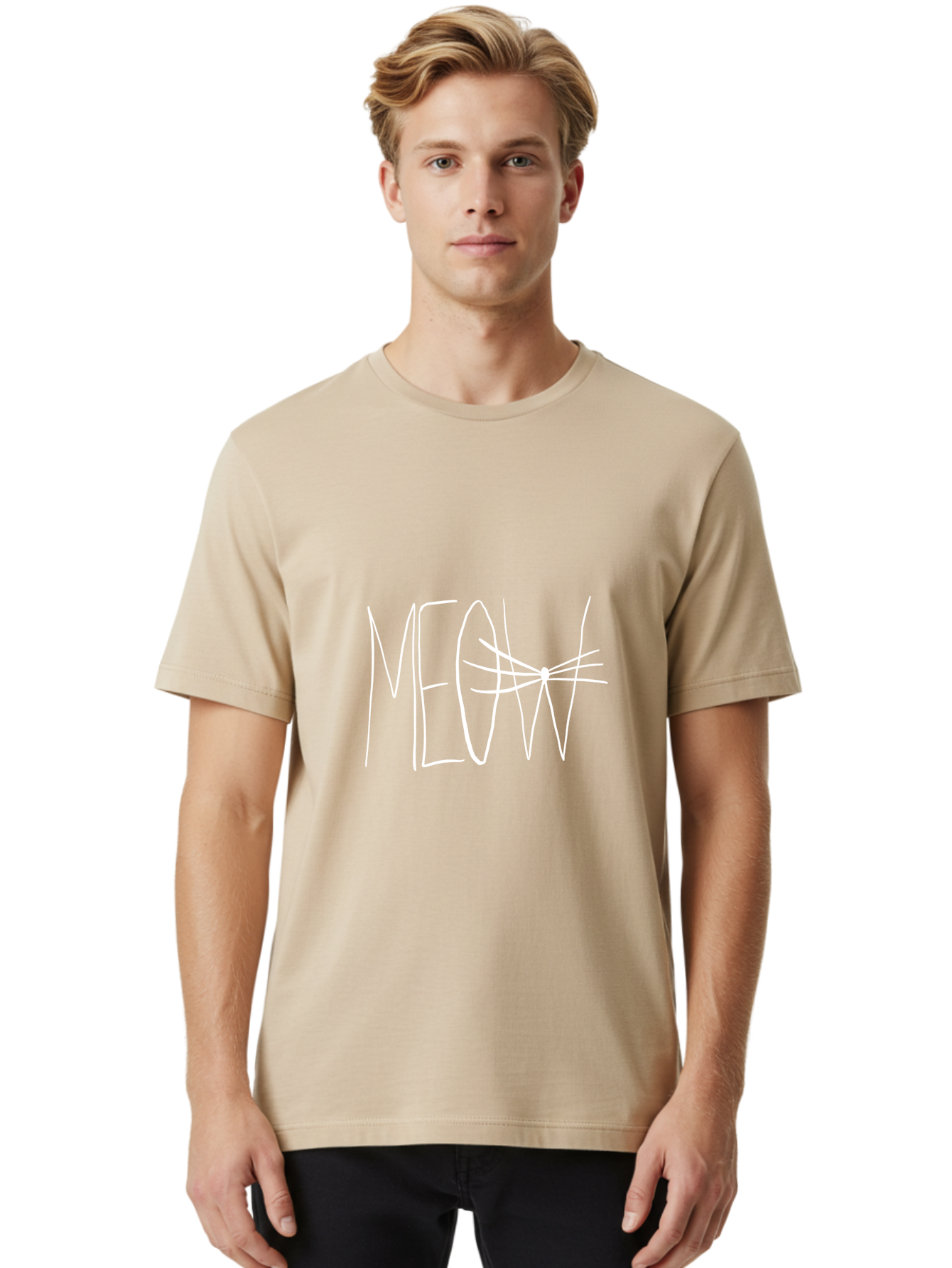 Meow Men'S Graphic Tee, 100% Cotton, Comfortable Casual Summer Wear, Machine Washable, Handwritten Cat Sound, Whimsical Font, Feline Theme, Meow Text, Playful Design, Cat Lovers, Cute Typography, White On Green -  Aaa095
