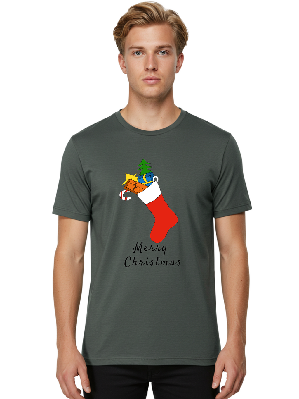 Merry-Christmas-1 Men'S Graphic Tee, 100% Cotton, Comfortable Casual Summer Wear, Machine Washable, Christmas Stocking, Holiday Gifts, Festive Decorations, Christmas Tree, Wrapped Presents, Candy Cane, Merry Christmas Greeting, -  Aaa096