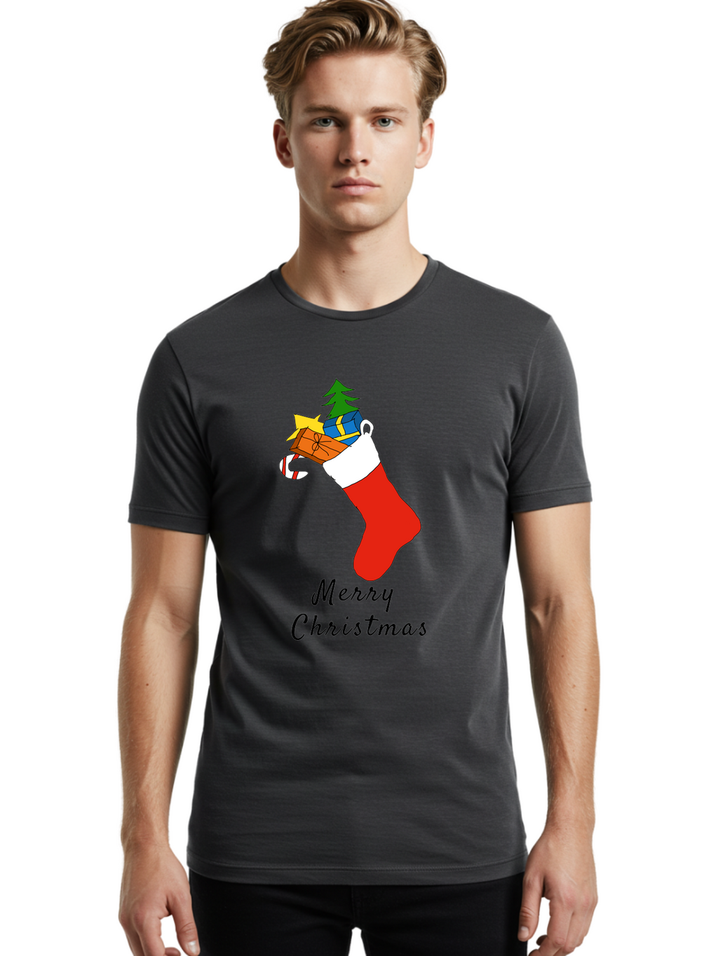 Merry-Christmas-1 Men'S Graphic Tee, 100% Cotton, Comfortable Casual Summer Wear, Machine Washable, Christmas Stocking, Holiday Gifts, Festive Decorations, Christmas Tree, Wrapped Presents, Candy Cane, Merry Christmas Greeting, -  Aaa096