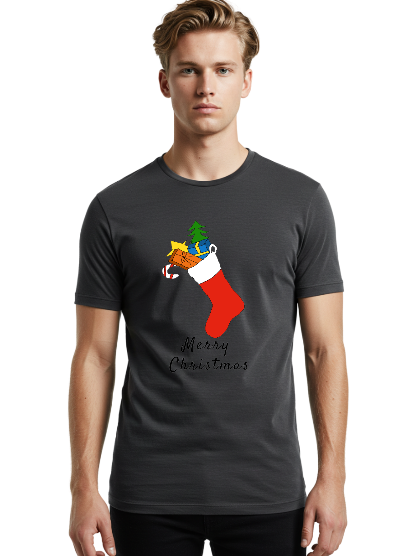 Merry-Christmas-1 Men'S Graphic Tee, 100% Cotton, Comfortable Casual Summer Wear, Machine Washable, Christmas Stocking, Holiday Gifts, Festive Decorations, Christmas Tree, Wrapped Presents, Candy Cane, Merry Christmas Greeting, -  Aaa096