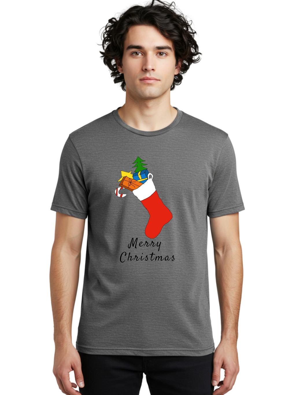 Merry-Christmas-1 Men'S Graphic Tee, 100% Cotton, Comfortable Casual Summer Wear, Machine Washable, Christmas Stocking, Holiday Gifts, Festive Decorations, Christmas Tree, Wrapped Presents, Candy Cane, Merry Christmas Greeting, -  Aaa096
