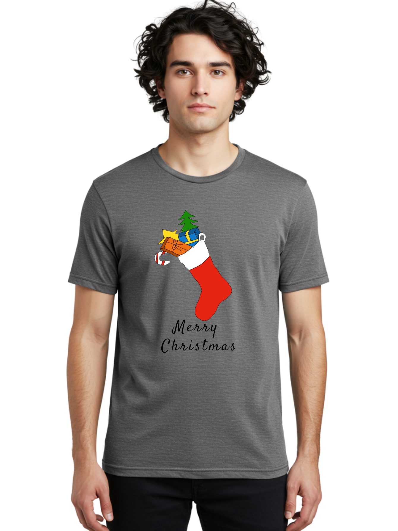 Merry-Christmas-1 Men'S Graphic Tee, 100% Cotton, Comfortable Casual Summer Wear, Machine Washable, Christmas Stocking, Holiday Gifts, Festive Decorations, Christmas Tree, Wrapped Presents, Candy Cane, Merry Christmas Greeting, -  Aaa096