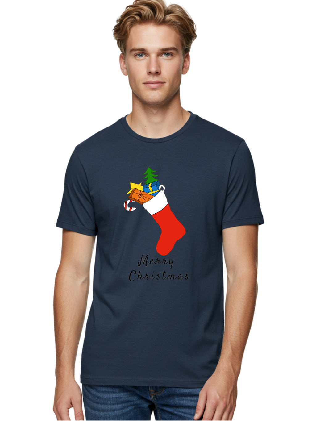 Merry-Christmas-1 Men'S Graphic Tee, 100% Cotton, Comfortable Casual Summer Wear, Machine Washable, Christmas Stocking, Holiday Gifts, Festive Decorations, Christmas Tree, Wrapped Presents, Candy Cane, Merry Christmas Greeting, -  Aaa096