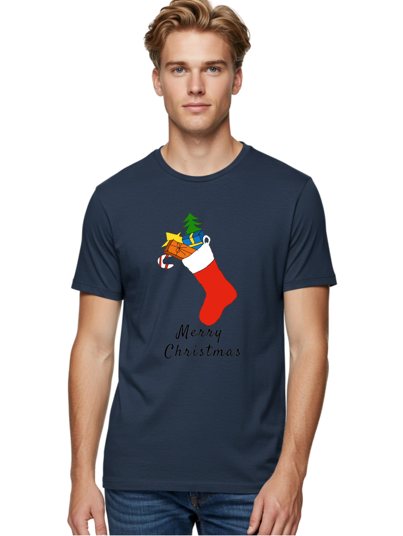 Merry-Christmas-1 Men'S Graphic Tee, 100% Cotton, Comfortable Casual Summer Wear, Machine Washable, Christmas Stocking, Holiday Gifts, Festive Decorations, Christmas Tree, Wrapped Presents, Candy Cane, Merry Christmas Greeting, -  Aaa096