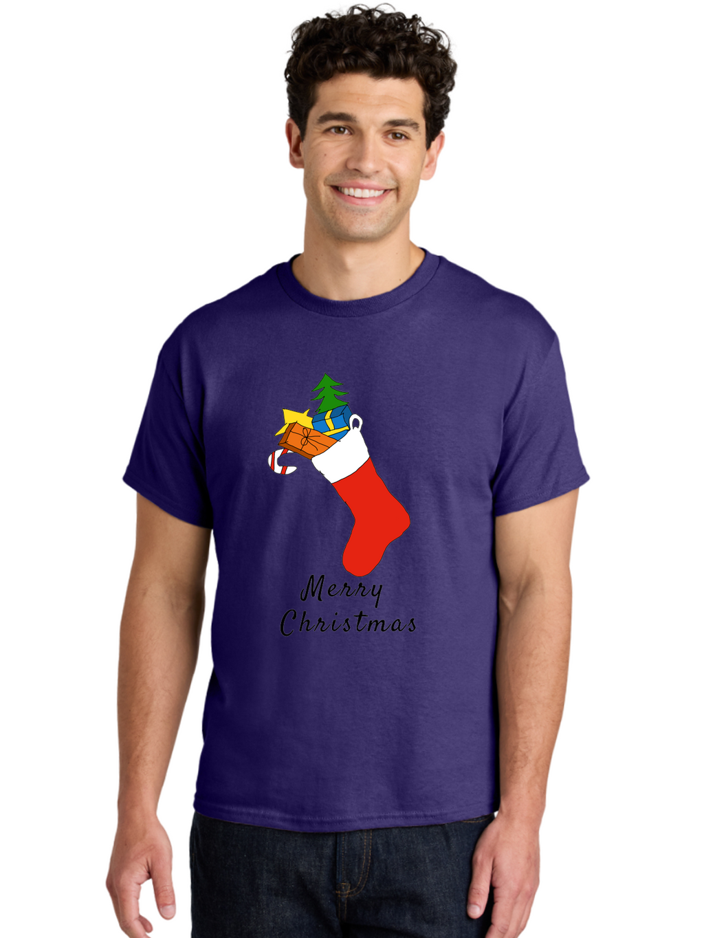 Merry-Christmas-1 Men'S Graphic Tee, 100% Cotton, Comfortable Casual Summer Wear, Machine Washable, Christmas Stocking, Holiday Gifts, Festive Decorations, Christmas Tree, Wrapped Presents, Candy Cane, Merry Christmas Greeting, -  Aaa096