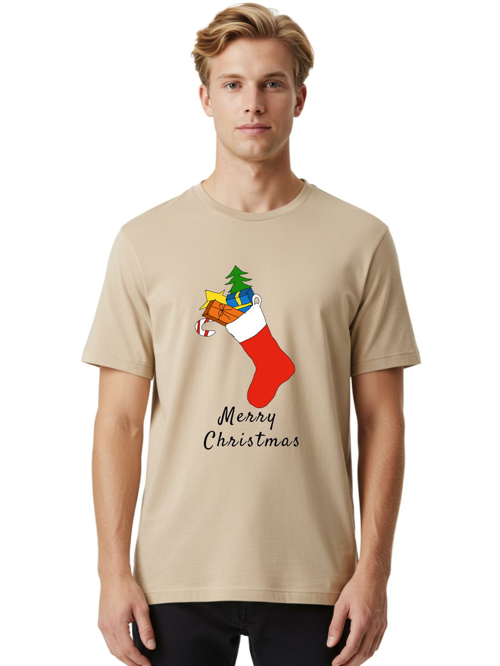 Merry-Christmas-1 Men'S Graphic Tee, 100% Cotton, Comfortable Casual Summer Wear, Machine Washable, Christmas Stocking, Holiday Gifts, Festive Decorations, Christmas Tree, Wrapped Presents, Candy Cane, Merry Christmas Greeting, -  Aaa096