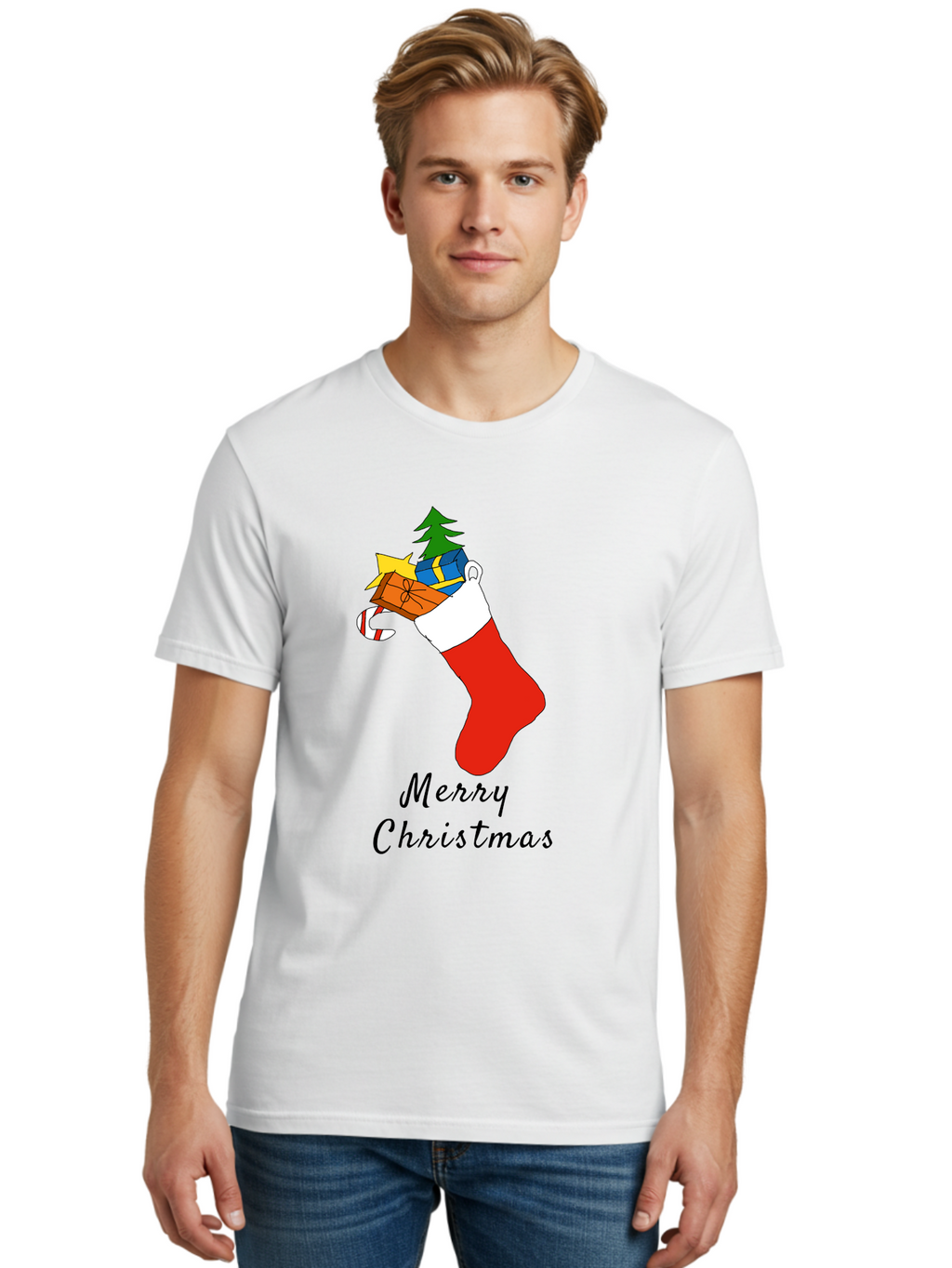 Merry-Christmas-1 Men'S Graphic Tee, 100% Cotton, Comfortable Casual Summer Wear, Machine Washable, Christmas Stocking, Holiday Gifts, Festive Decorations, Christmas Tree, Wrapped Presents, Candy Cane, Merry Christmas Greeting, -  Aaa096