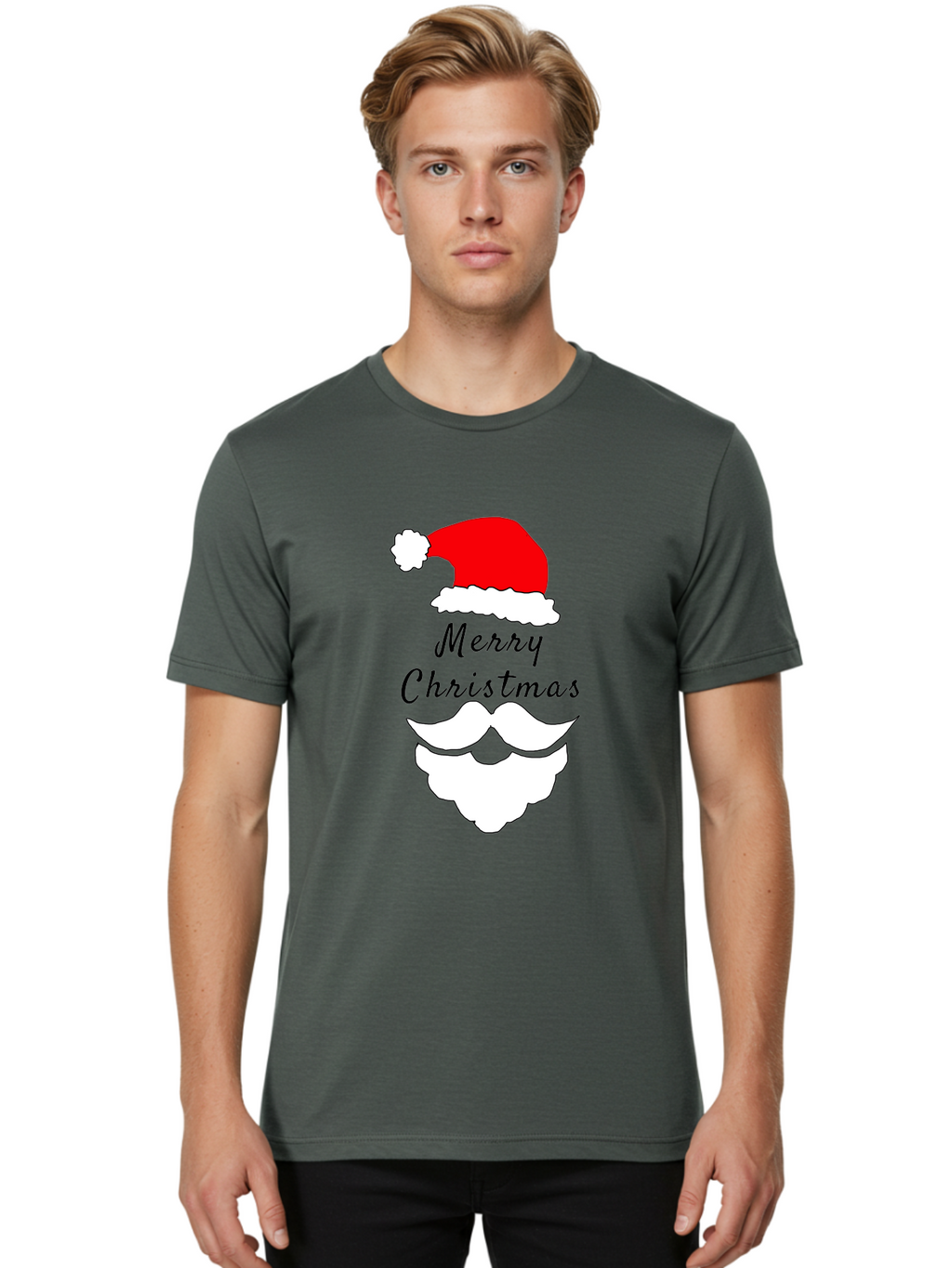 Merry-Christmas Men'S Graphic Tee, 100% Cotton, Comfortable Casual Summer Wear, Machine Washable, Merry Christmas, Santa Hat, White Beard, Festive Season, Holiday Greeting, Christmas Wishes, Jolly Old Saint Nick, Winter Wonderland, -  Aaa097