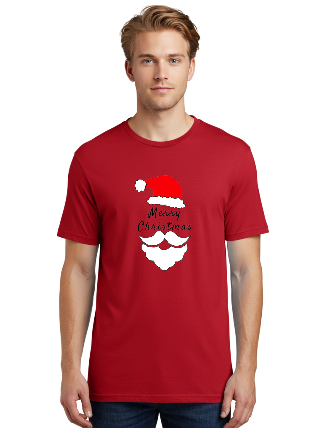 Merry-Christmas Men'S Graphic Tee, 100% Cotton, Comfortable Casual Summer Wear, Machine Washable, Merry Christmas, Santa Hat, White Beard, Festive Season, Holiday Greeting, Christmas Wishes, Jolly Old Saint Nick, Winter Wonderland, -  Aaa097