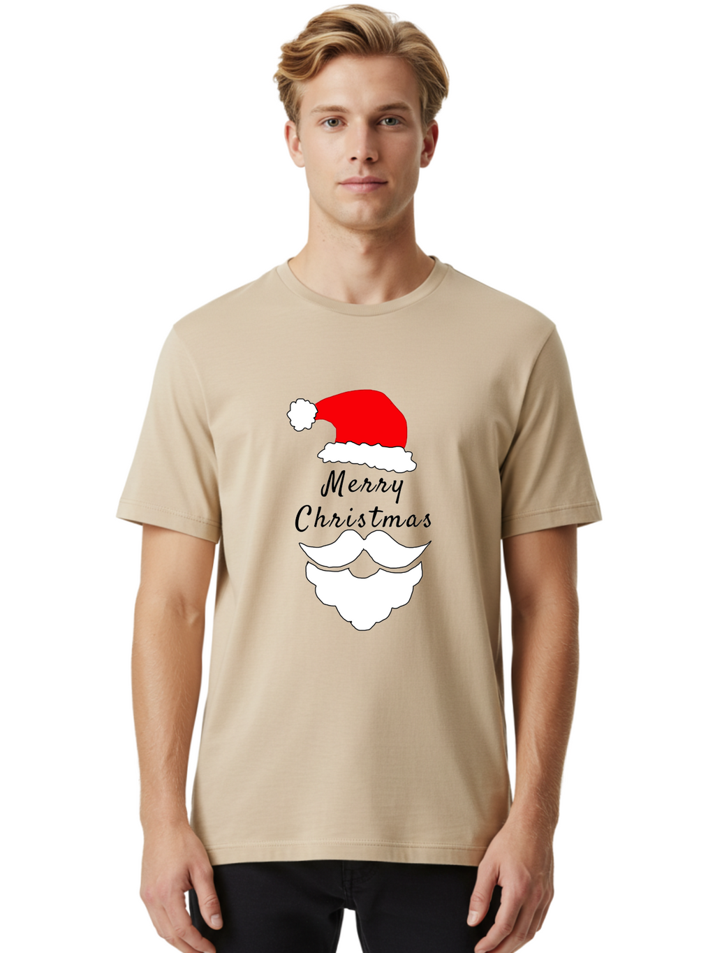Merry-Christmas Men'S Graphic Tee, 100% Cotton, Comfortable Casual Summer Wear, Machine Washable, Merry Christmas, Santa Hat, White Beard, Festive Season, Holiday Greeting, Christmas Wishes, Jolly Old Saint Nick, Winter Wonderland, -  Aaa097