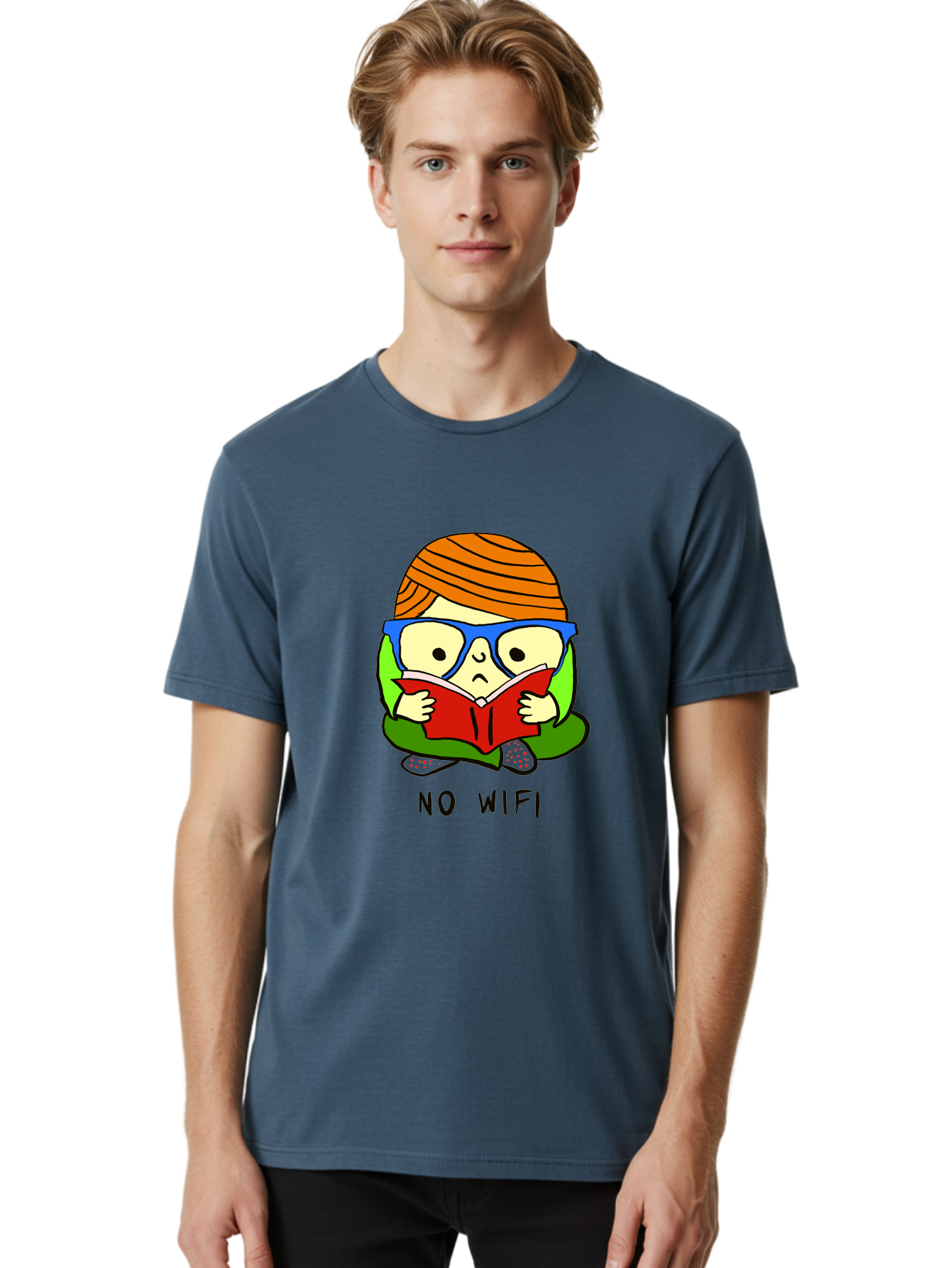 No-Wifi Men'S Graphic Tee, 100% Cotton, Comfortable Casual Summer Wear, Machine Washable, Person Reading A Book, Wearing Glasses, Orange Head Wrap, Offline Mode, Digital Detox, Relaxed Atmosphere, Calm Environment, Reading Culture -  Aaa100