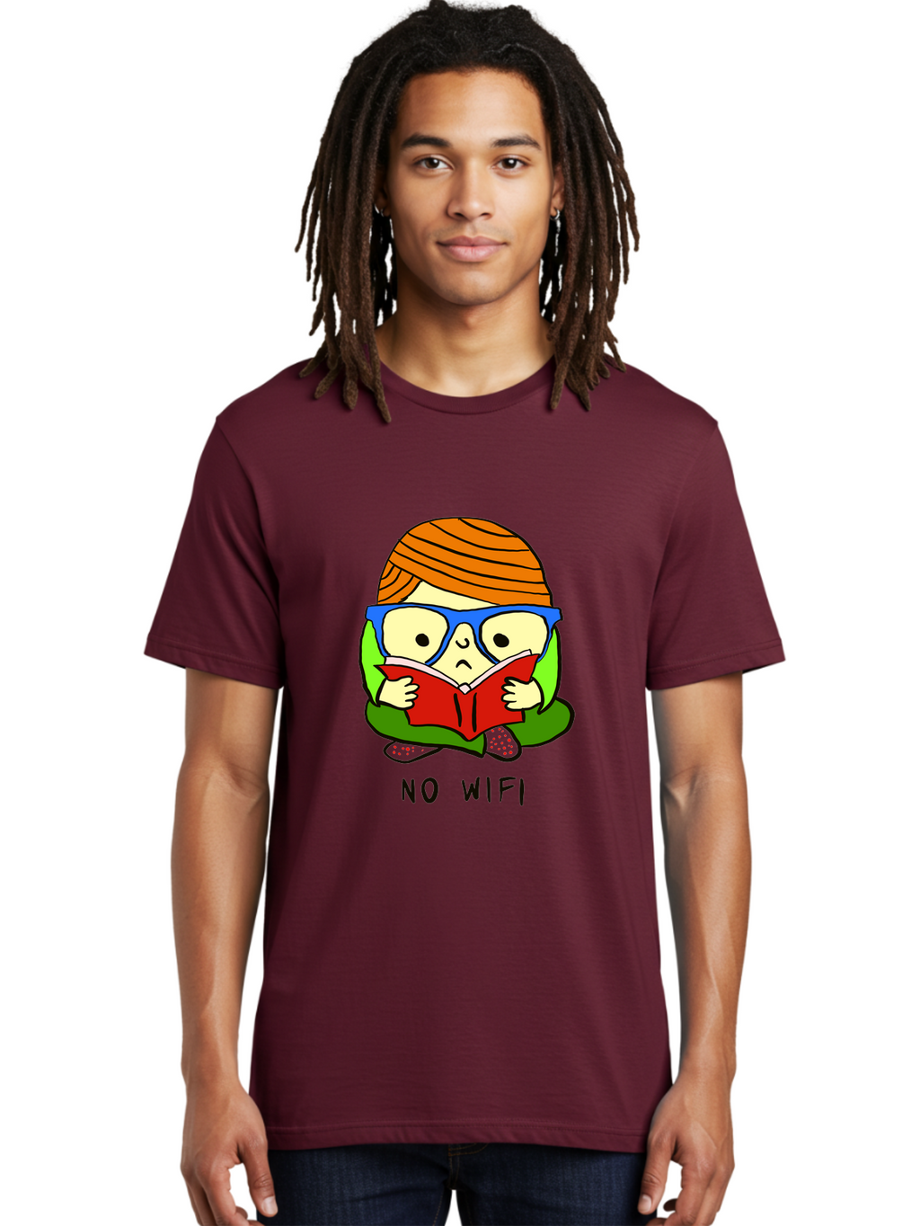 No-Wifi Men'S Graphic Tee, 100% Cotton, Comfortable Casual Summer Wear, Machine Washable, Person Reading A Book, Wearing Glasses, Orange Head Wrap, Offline Mode, Digital Detox, Relaxed Atmosphere, Calm Environment, Reading Culture -  Aaa100