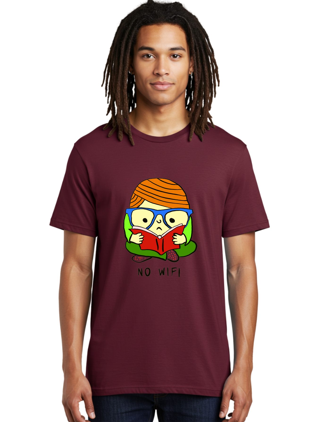 No-Wifi Men'S Graphic Tee, 100% Cotton, Comfortable Casual Summer Wear, Machine Washable, Person Reading A Book, Wearing Glasses, Orange Head Wrap, Offline Mode, Digital Detox, Relaxed Atmosphere, Calm Environment, Reading Culture -  Aaa100