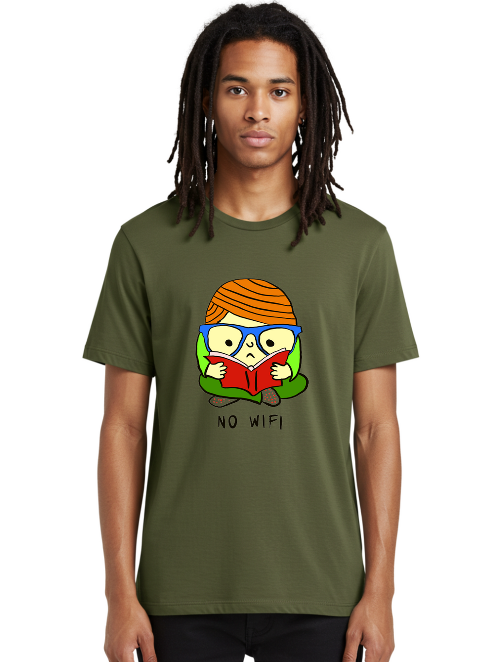 No-Wifi Men'S Graphic Tee, 100% Cotton, Comfortable Casual Summer Wear, Machine Washable, Person Reading A Book, Wearing Glasses, Orange Head Wrap, Offline Mode, Digital Detox, Relaxed Atmosphere, Calm Environment, Reading Culture -  Aaa100