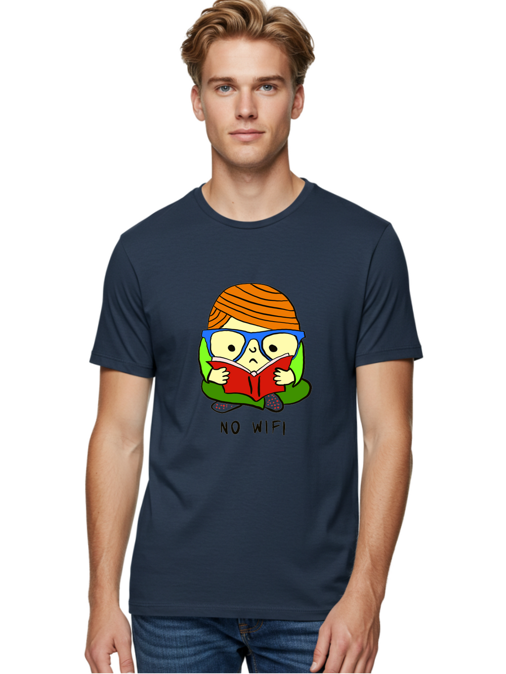 No-Wifi Men'S Graphic Tee, 100% Cotton, Comfortable Casual Summer Wear, Machine Washable, Person Reading A Book, Wearing Glasses, Orange Head Wrap, Offline Mode, Digital Detox, Relaxed Atmosphere, Calm Environment, Reading Culture -  Aaa100