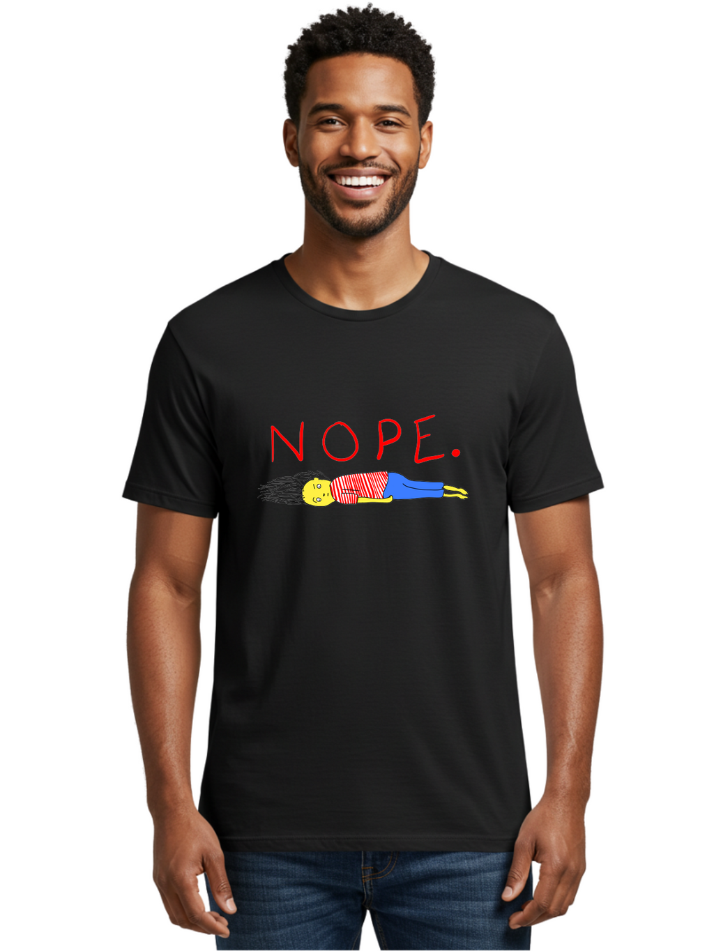 Nope Men'S Graphic Tee, 100% Cotton, Comfortable Casual Summer Wear, Machine Washable, Cartoon Character Lying Down, Refusal, Rejection, Humor, Funny, Relaxed, Laid-Back, Nope Text -  Aaa101