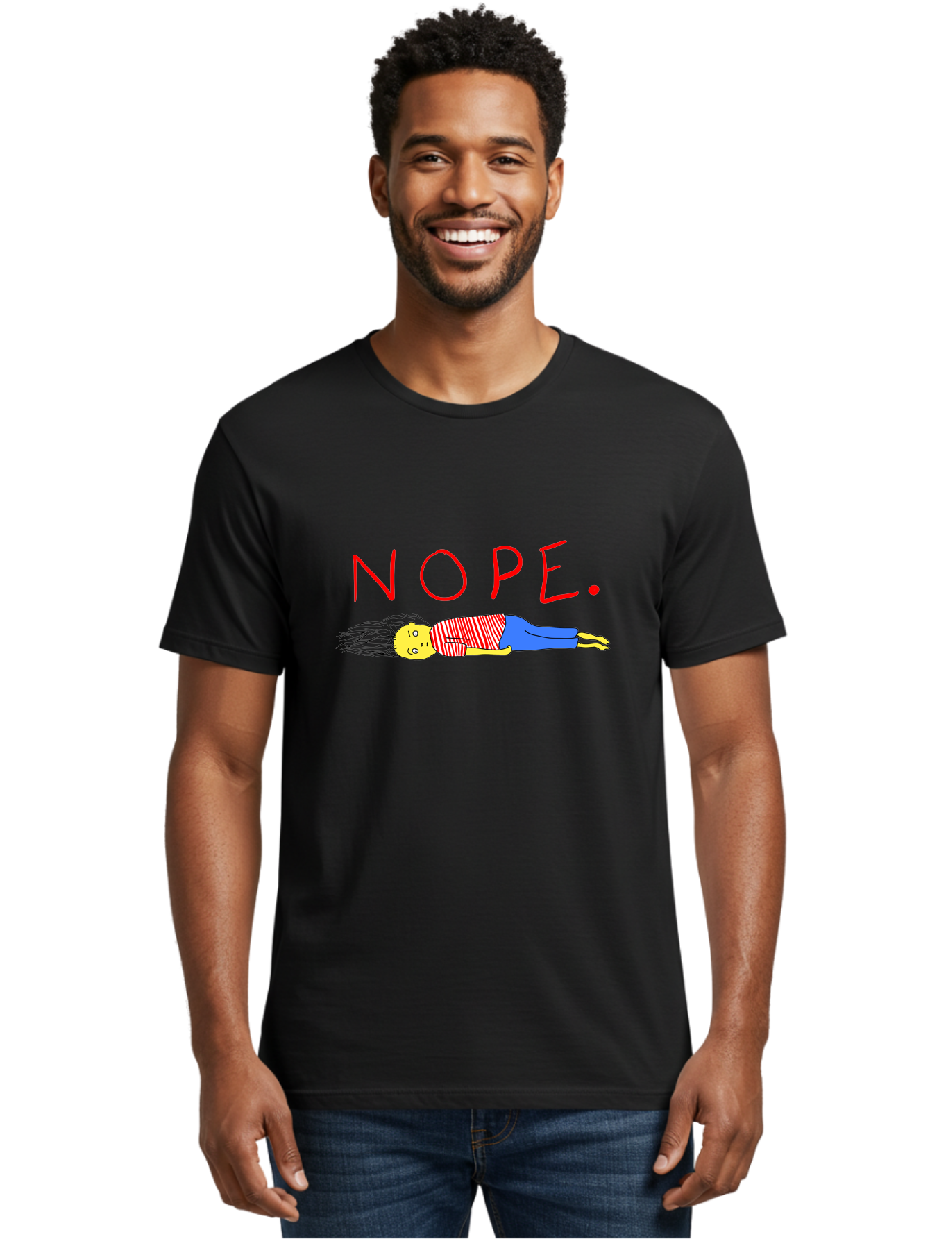 Nope Men'S Graphic Tee, 100% Cotton, Comfortable Casual Summer Wear, Machine Washable, Cartoon Character Lying Down, Refusal, Rejection, Humor, Funny, Relaxed, Laid-Back, Nope Text -  Aaa101