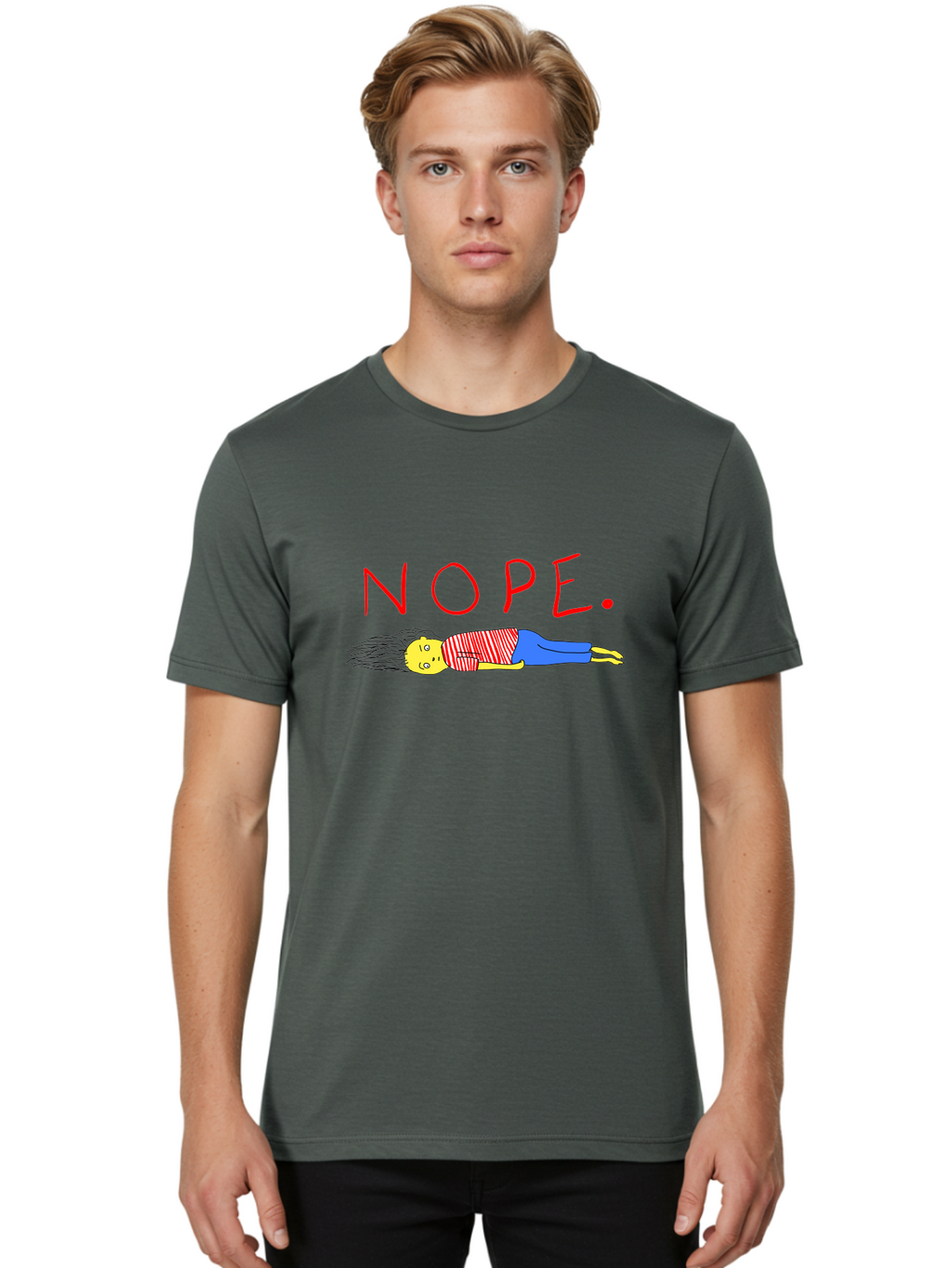 Nope Men'S Graphic Tee, 100% Cotton, Comfortable Casual Summer Wear, Machine Washable, Cartoon Character Lying Down, Refusal, Rejection, Humor, Funny, Relaxed, Laid-Back, Nope Text -  Aaa101
