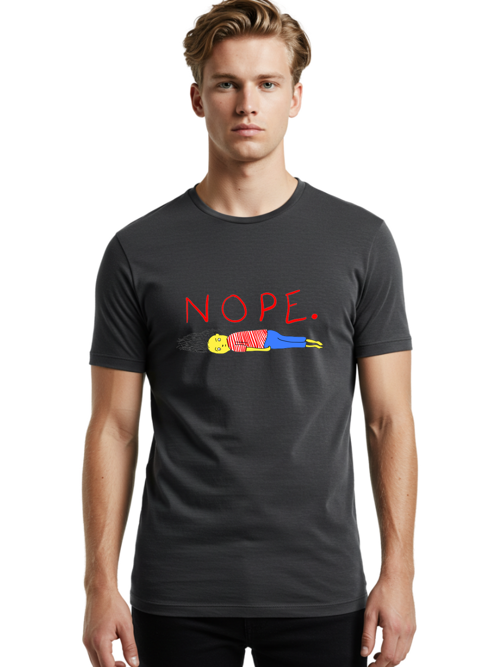 Nope Men'S Graphic Tee, 100% Cotton, Comfortable Casual Summer Wear, Machine Washable, Cartoon Character Lying Down, Refusal, Rejection, Humor, Funny, Relaxed, Laid-Back, Nope Text -  Aaa101