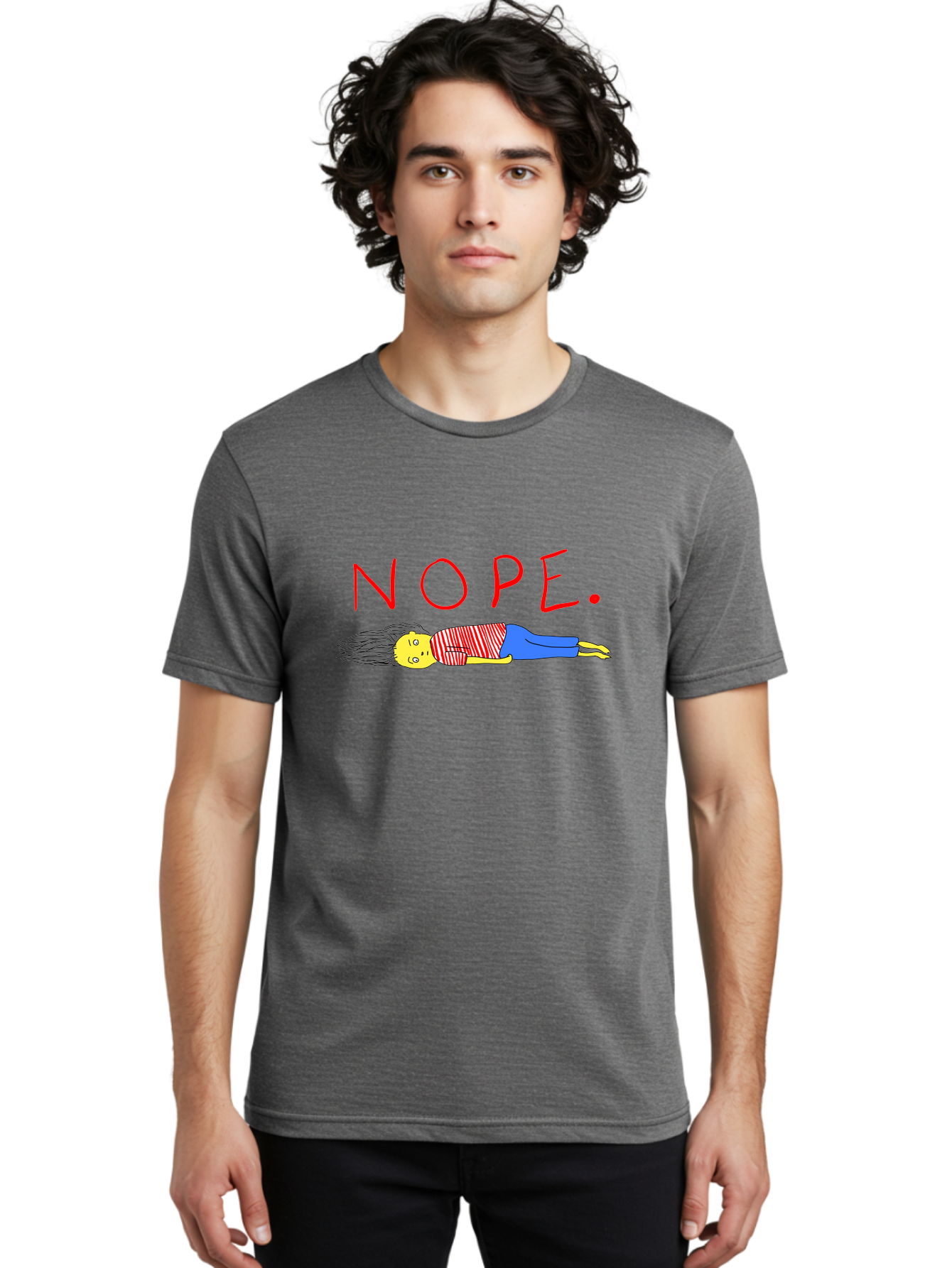 Nope Men'S Graphic Tee, 100% Cotton, Comfortable Casual Summer Wear, Machine Washable, Cartoon Character Lying Down, Refusal, Rejection, Humor, Funny, Relaxed, Laid-Back, Nope Text -  Aaa101