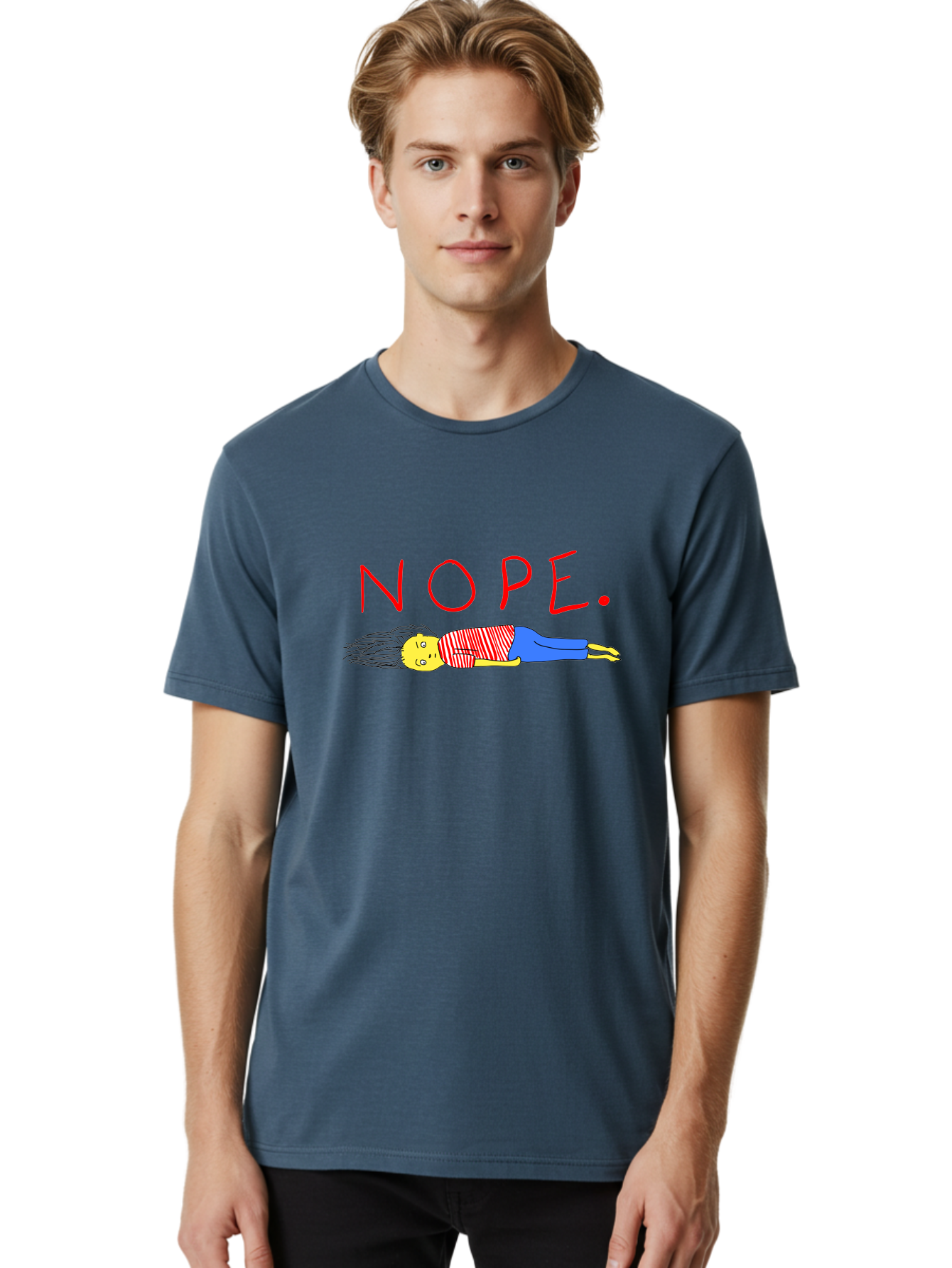 Nope Men'S Graphic Tee, 100% Cotton, Comfortable Casual Summer Wear, Machine Washable, Cartoon Character Lying Down, Refusal, Rejection, Humor, Funny, Relaxed, Laid-Back, Nope Text -  Aaa101