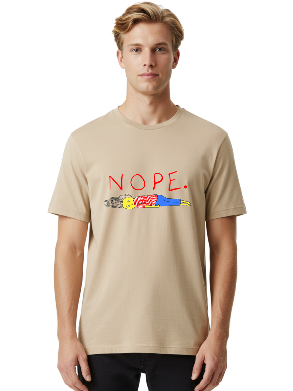 Nope Men'S Graphic Tee, 100% Cotton, Comfortable Casual Summer Wear, Machine Washable, Cartoon Character Lying Down, Refusal, Rejection, Humor, Funny, Relaxed, Laid-Back, Nope Text -  Aaa101
